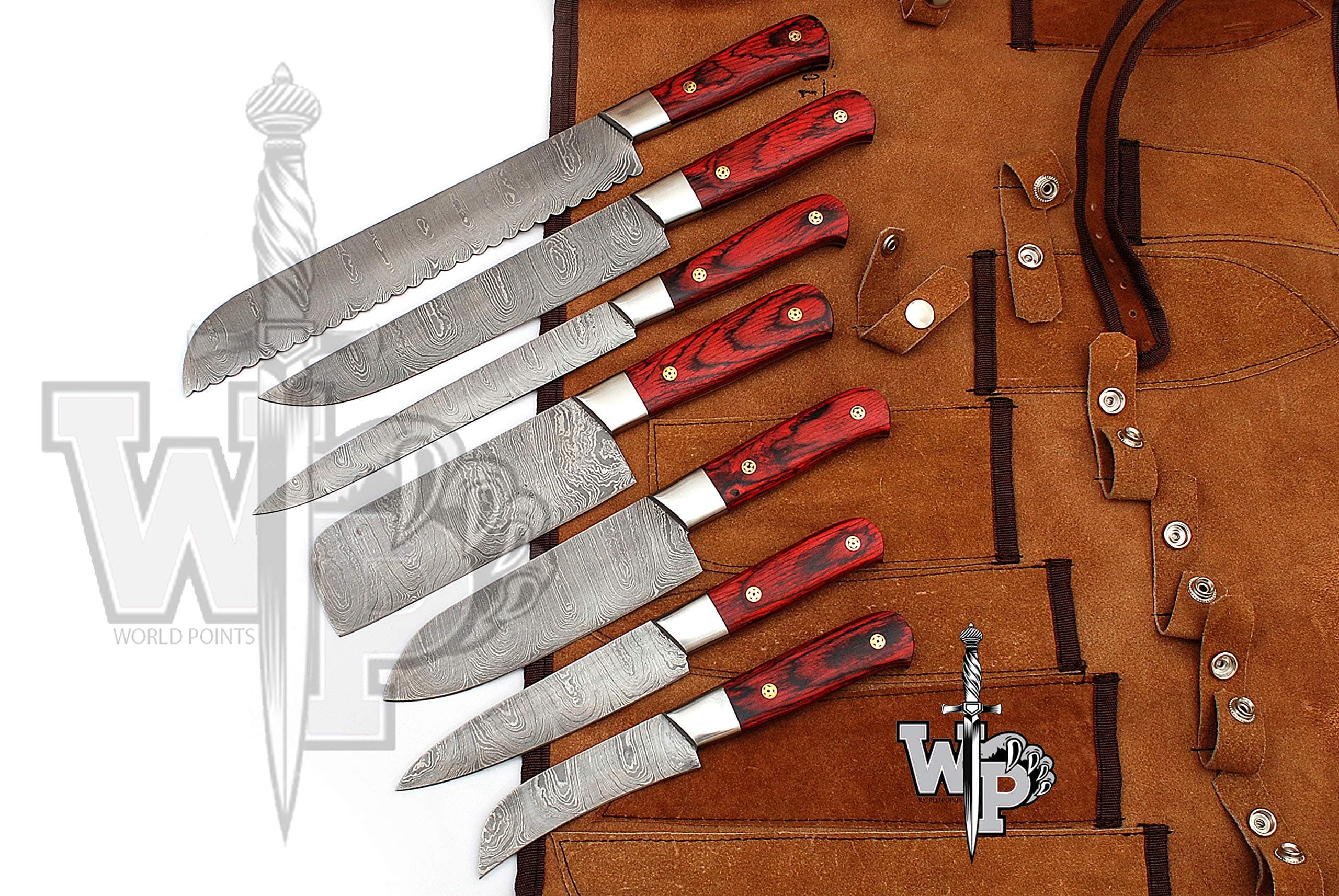 WP-1081 Custom Handmade Damascus Kitchen/Chef Knife Set 7/Piece Pocket Case Chef Knife Roll Bag By World Points (Red Wood)