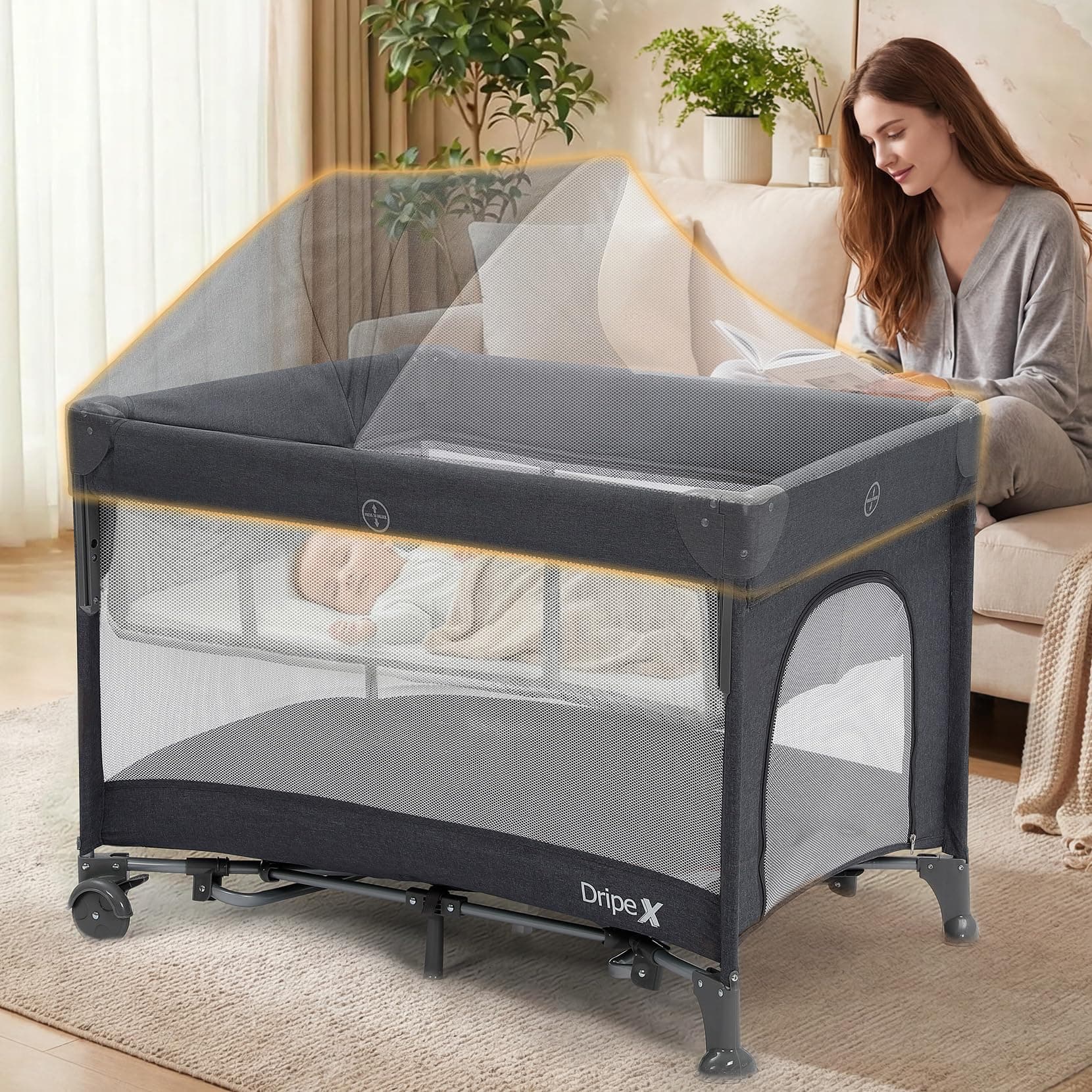 Dripex 5 in 1 Pack n Play Bedside Sleeper, 2-Level Height Baby Crib, Storage Pocket & Breathable Mesh - Foldable Portable Baby Bedside Bassinet for 0 to 12 Months (Travel/Home), Dark Grey