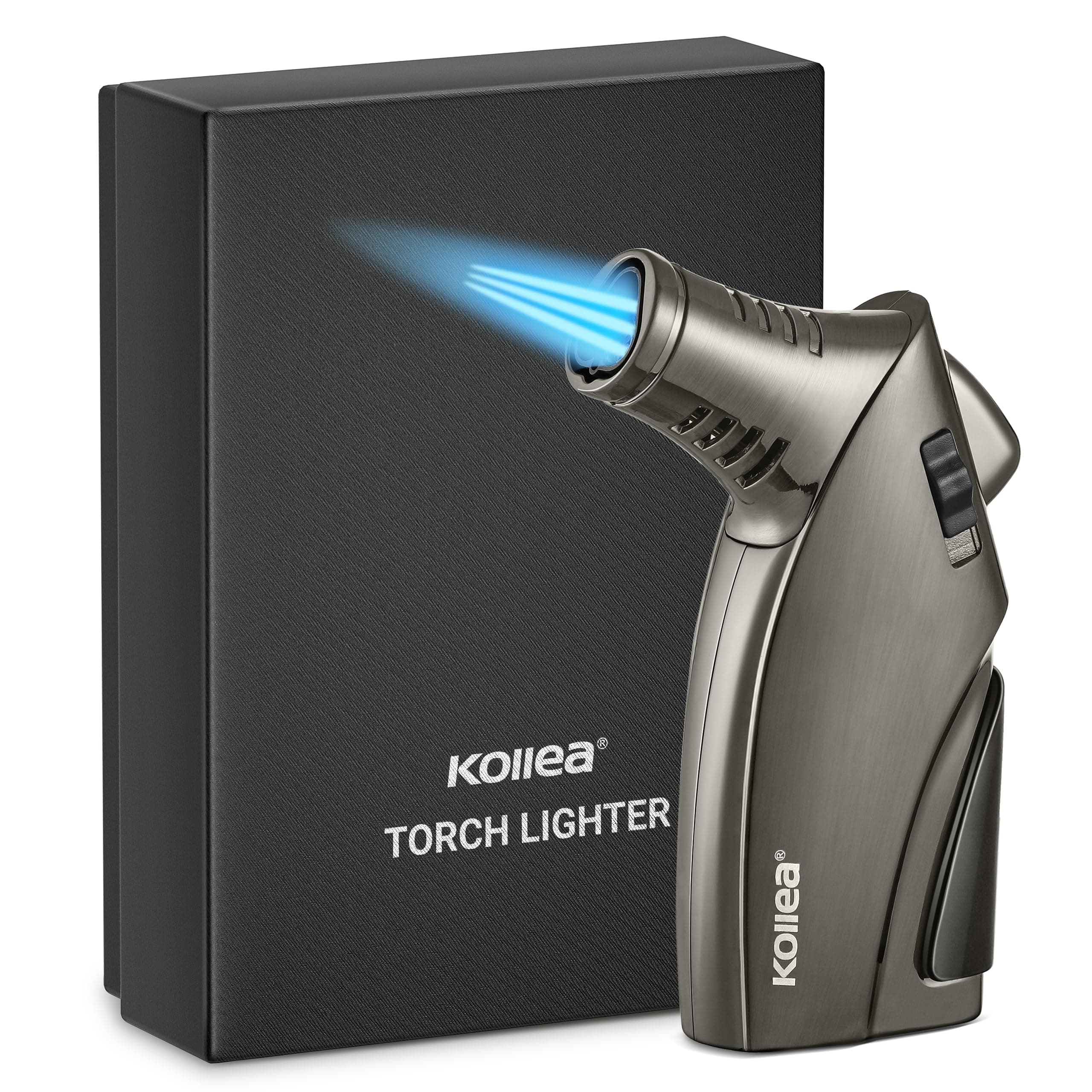 Kollea Triple Jet Lighter, Windproof Torch Lighter with Punch and Safety Lock, Refillable Butane Jet Torch, Gift for Men (Butane Gas Not Included)