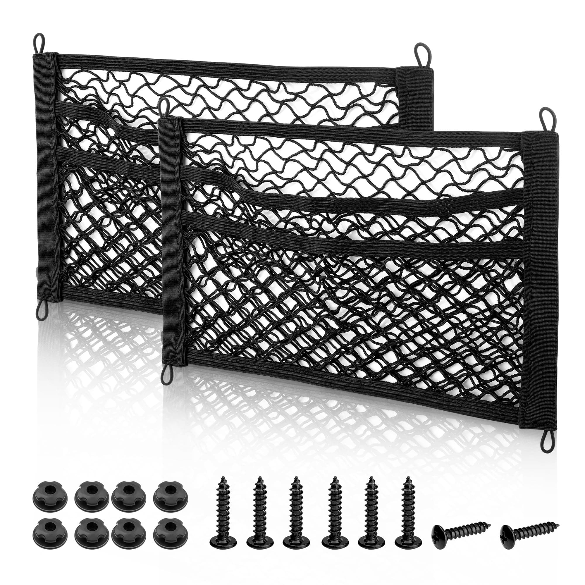 RED WOLF 3 Layer Small Cargo Net 17.7" x 9.8" Elastic Stretchable Bungee Nets Storage Mesh Pocket Organizer Mounting w/8 Screw and Built-in Hooks for SUV Truck Camper Accessories