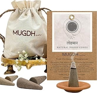 Mugdh Natural Incense Cones – Loban | Bambooless, Low Smoke, Charcoal Free Dhoop Cones | 80 dhoop batti | Free Cotton Potli & Dhoop Stand | Home Fragrance, Pooja & Meditation