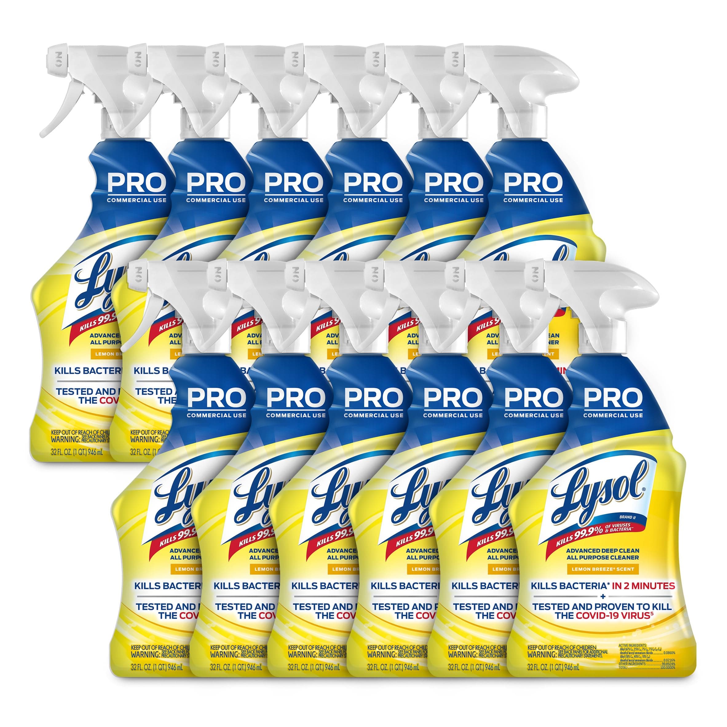 Pro All-Purpose Cleaner - Advanced Deep Cleaning Sanitizing and Disinfecting Spray - Lemon Breeze Scent - 32 oz Bottle (946 ml) - Pack of 12 - Commercial Use for Hotels, Facilities, Offices