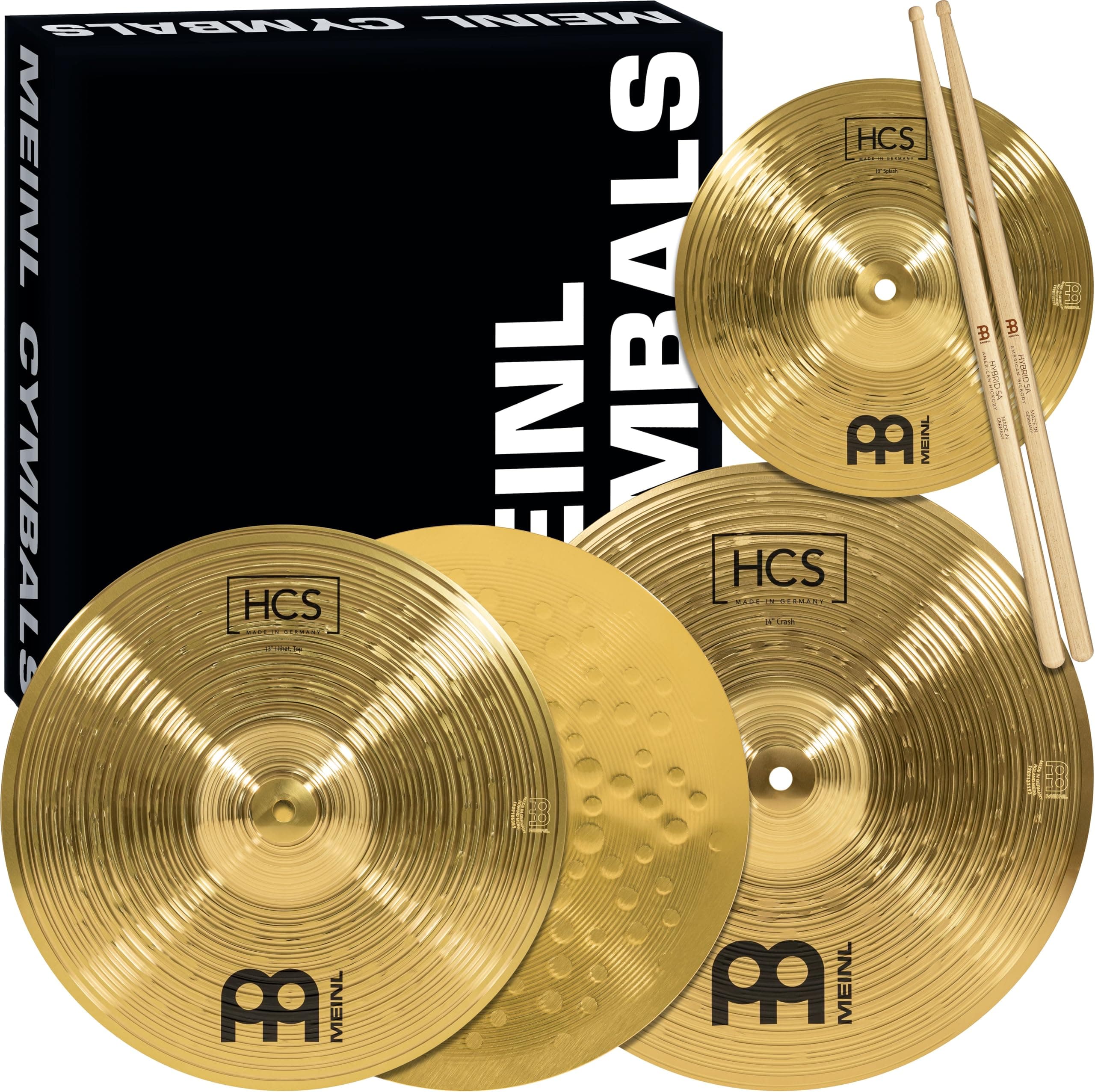 HCS Cymbal Set Box Pack for Drums with 13" Hihats, 14" Crash, Plus Free 10" Splash, Sticks, Lessons — MADE IN GERMANY — Durable Brass, 2-YEAR WARRANTY