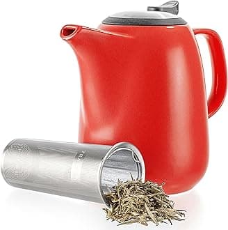 TealyraDaze Ceramic Large Teapot Red - 47-ounce (6-7 cups) - With Stainless Steel Lid Extra-Fine Infuser for Loose Leaf Tea - 1400ml