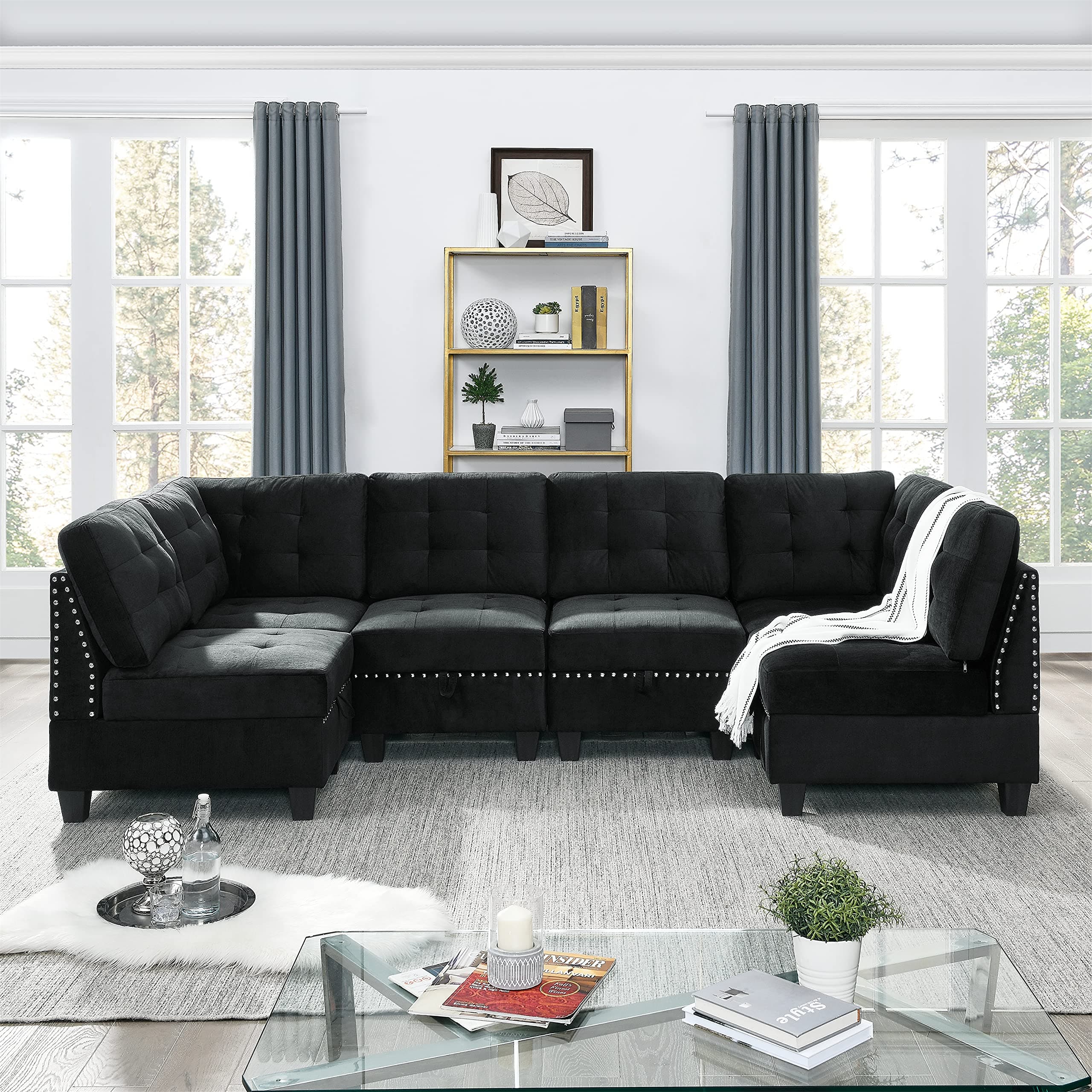 MelpomeneU Shape Sectional Sofa DIY Sofa Combination，Includes Four Single Chair and Two Corner (Black, Velvet+Four Single Chair)