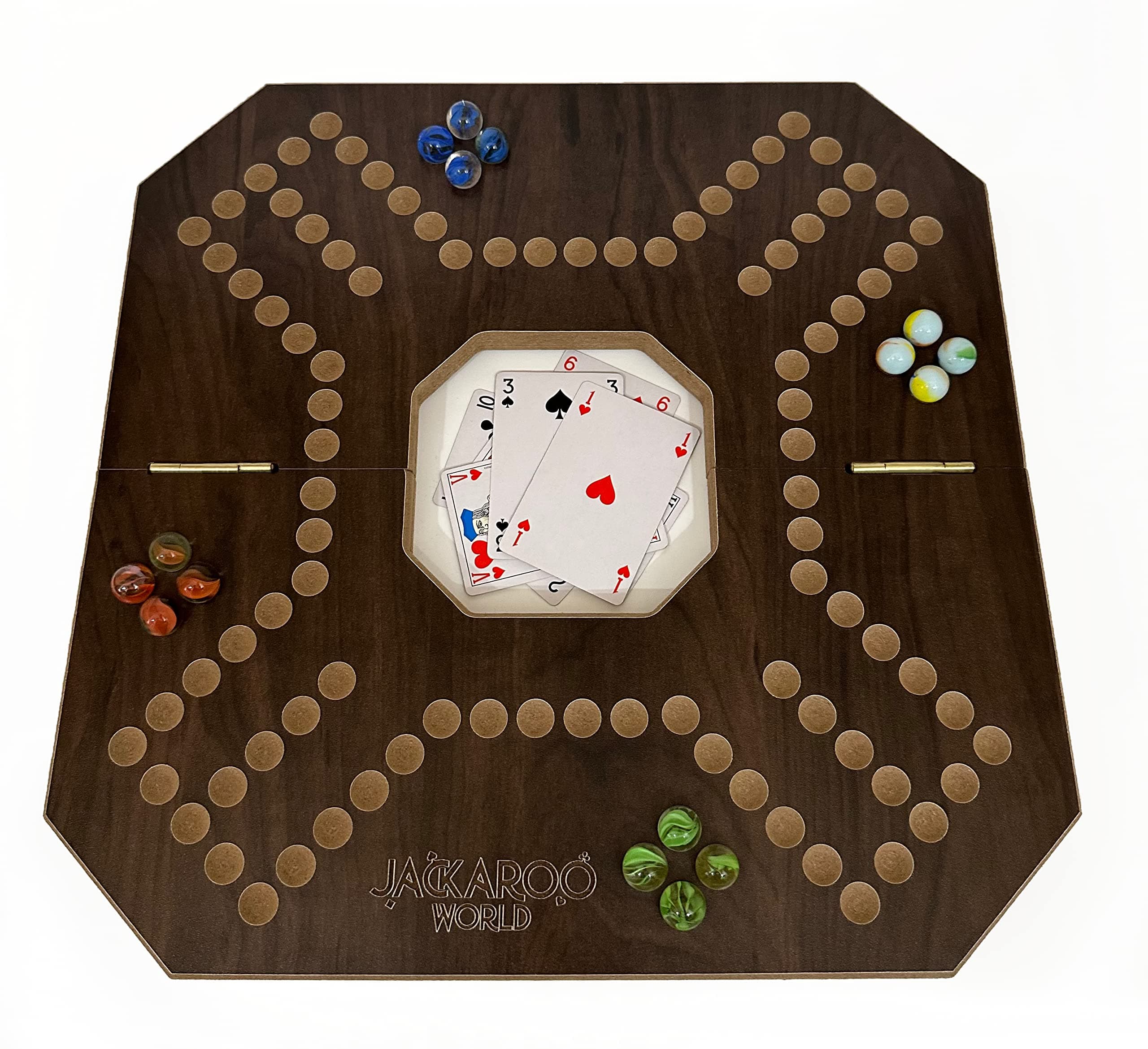– Jackaroo Board Game - 2-4 Player Cards and Marbles Game - Wooden Foldable Board With Open Middle (Walnut) - Marble Chase and Carbles Game