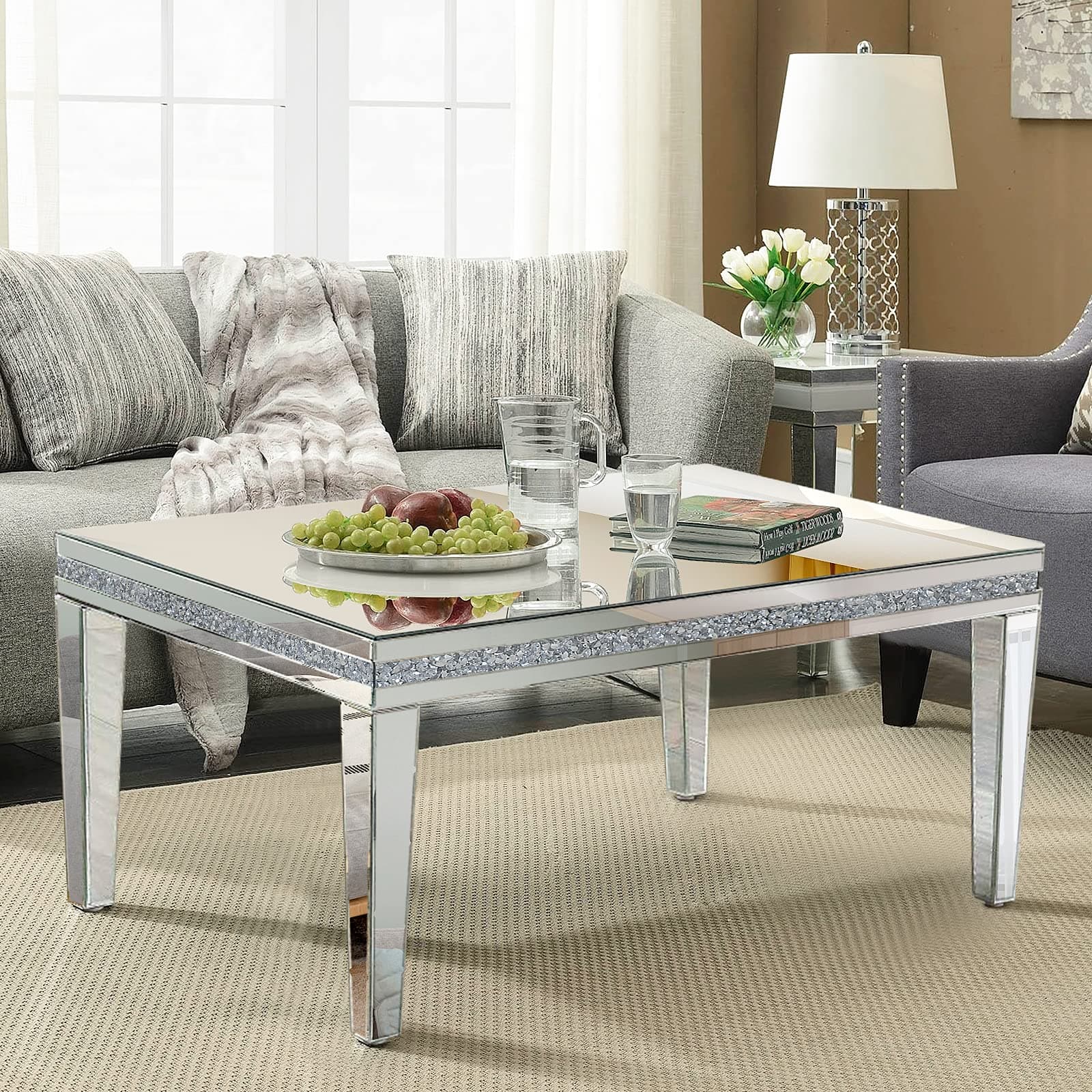 Silver Mirrored Coffee Table, Rectangle Living Room Tables with Crystal Inlay, Gorgeous Modern Mirror Coffee Table Mirrored Furniture for Living Room, Office