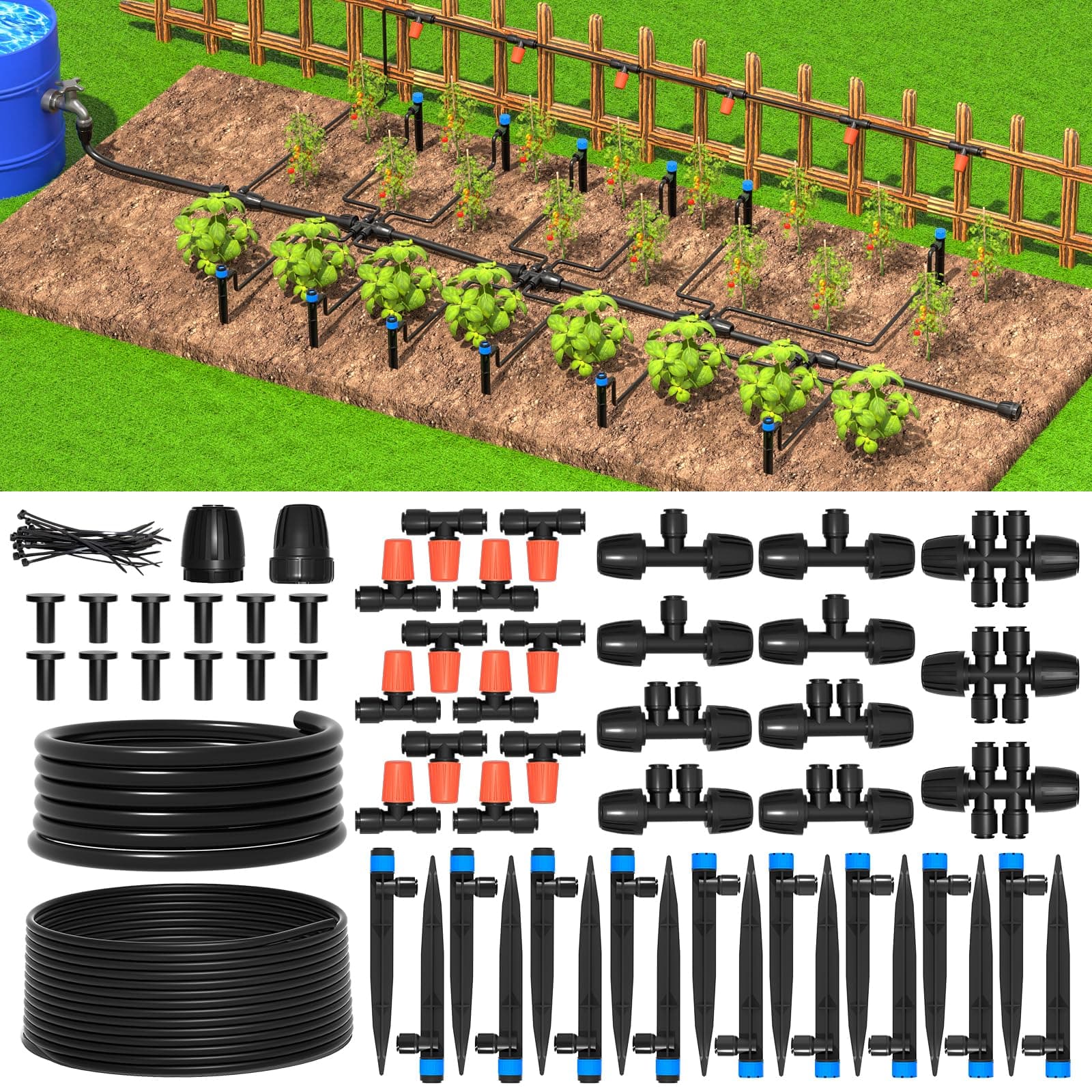 Greenhouse Micro Drip Irrigation Kit Automatic Irrigation System Patio Misting Plant Watering System with 1/4 inch 1/2 inch Irrigation Tubing Hose Adjustable Nozzle Emitters Barbed Fittings