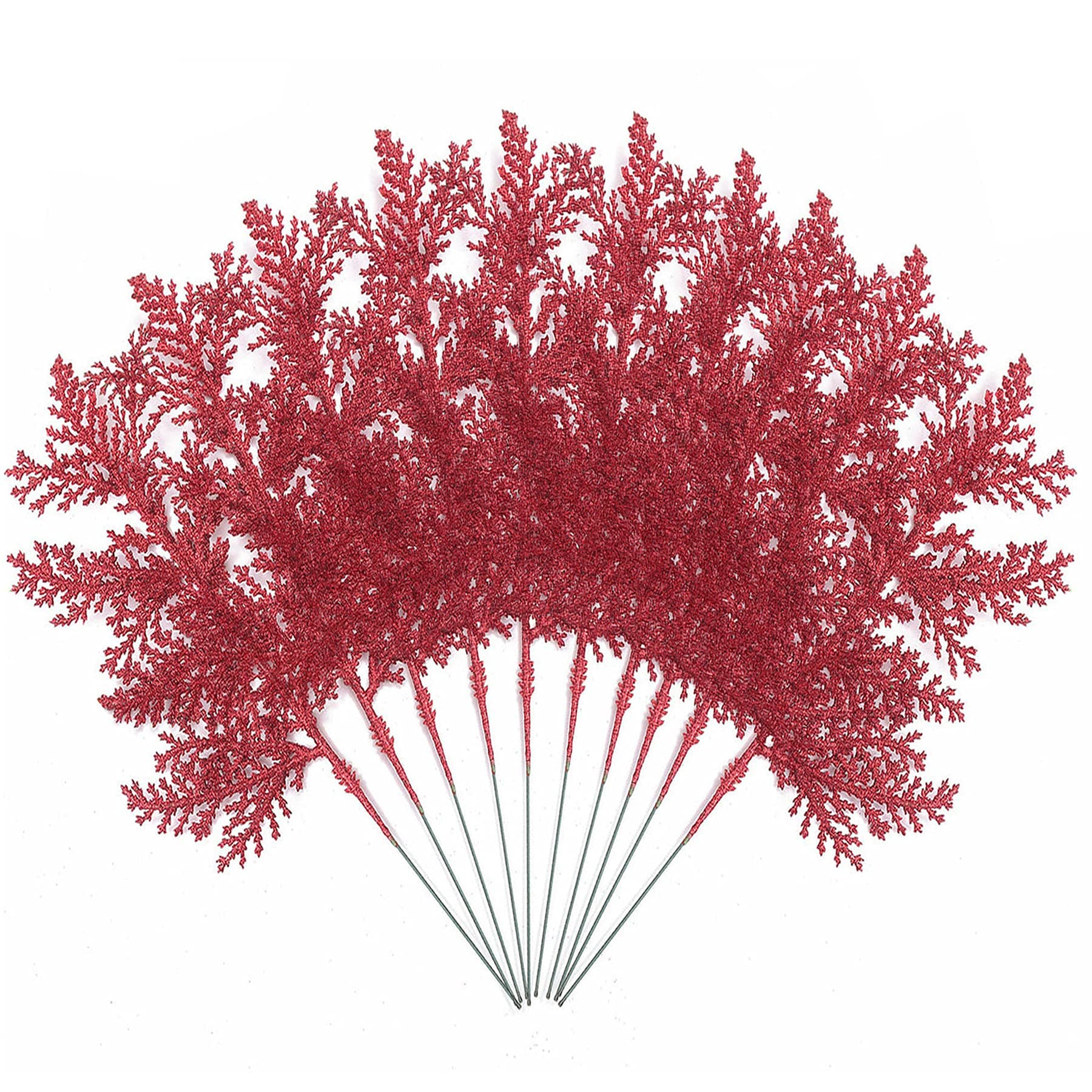 EOPER 10 Pieces Artificial Glitter Fern Leaf, Simulation Christmas Tree Branch, Spray Christmas Tree Ornament Branches, Lifelike DIY Xmas Arrangements Wreath Sticks for Bouquet Trees Decorations, Red
