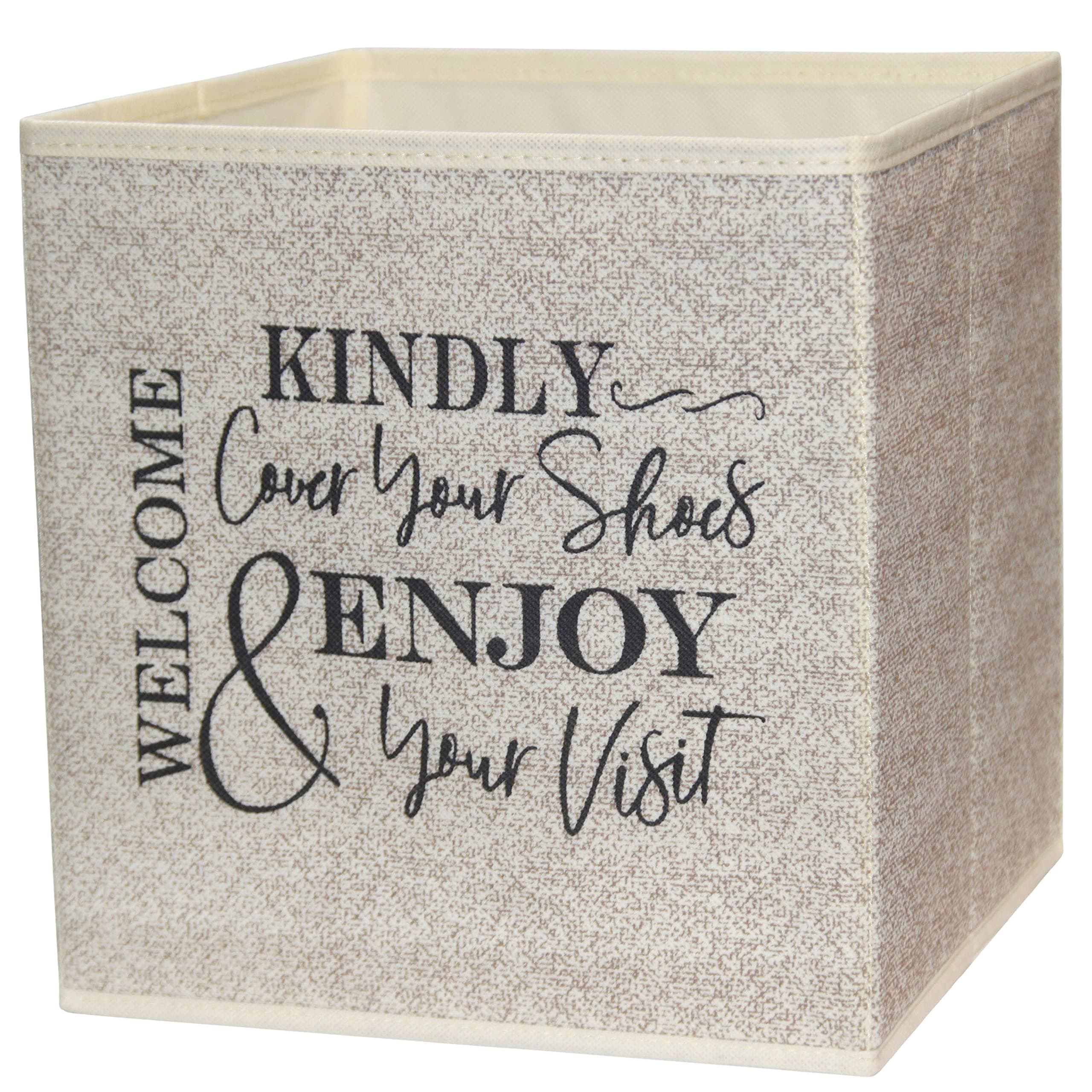 Open House Event Must Have. Classy Fabric Foldable Storage Cube with Sign Asking Visitors to Cover Shoes, You just Fill with Booties. Great for Realtors and Homeowners. (Tan)
