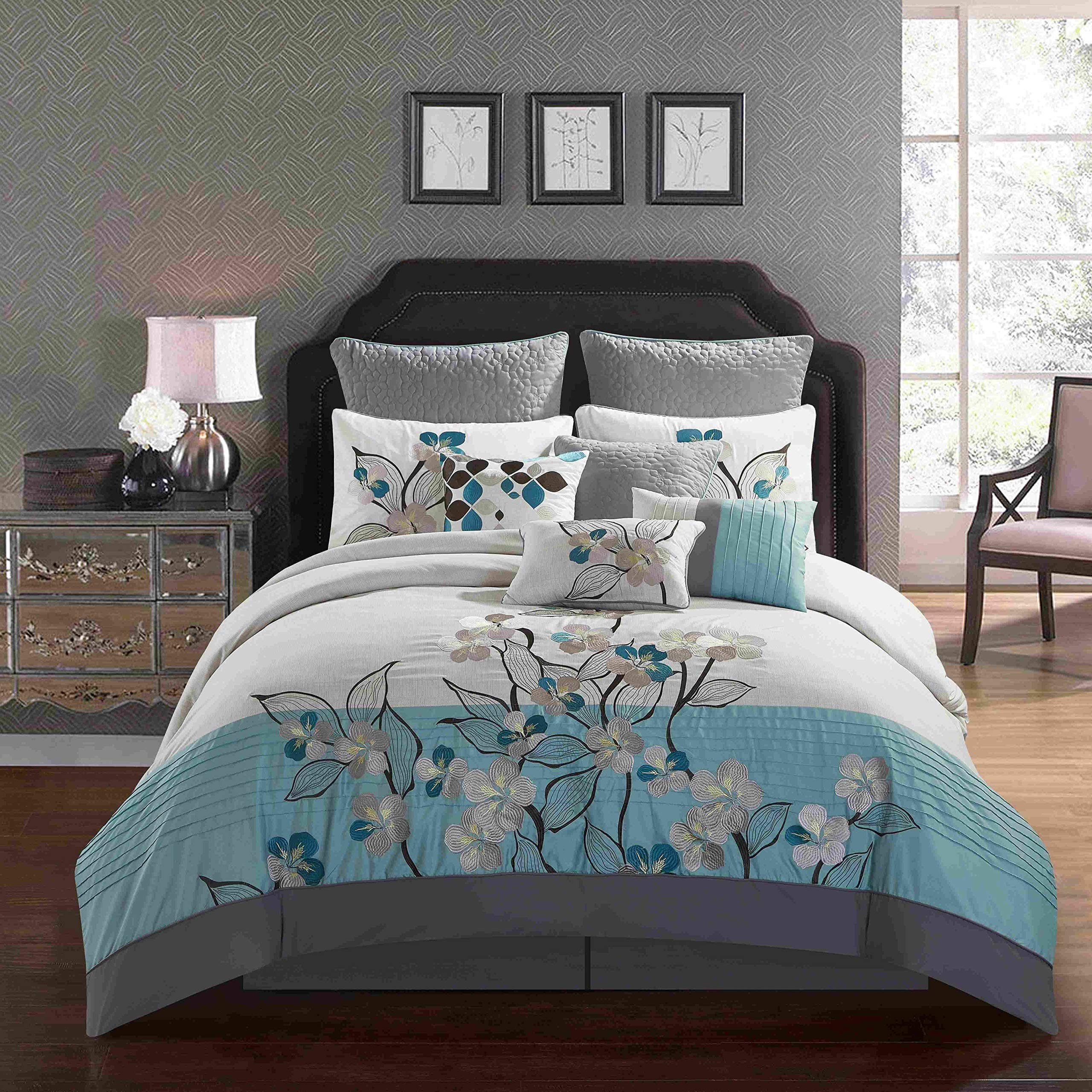 New 7 Piece Embroidered Over-Sized Comforter Set (King, Turquoise/Grey)