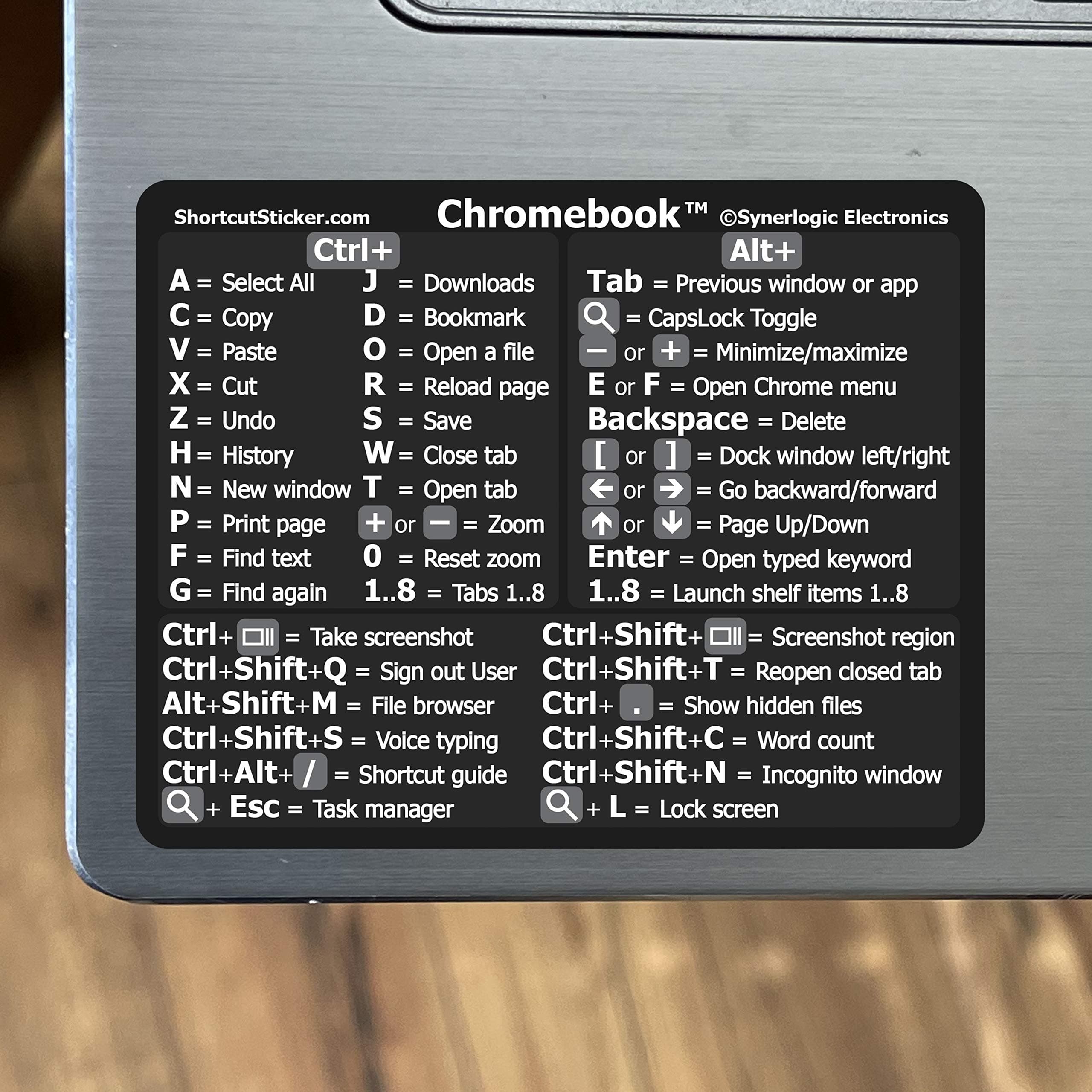 Synerlogic Electronics Chrome OS Reference Keyboard Shortcut Sticker - Black Vinyl - Size 3"x2.4" for Any Chromebook Laptop Compatible Brands Google Pixelbook HP Asus Acer Lenovo Samsung Dell and More