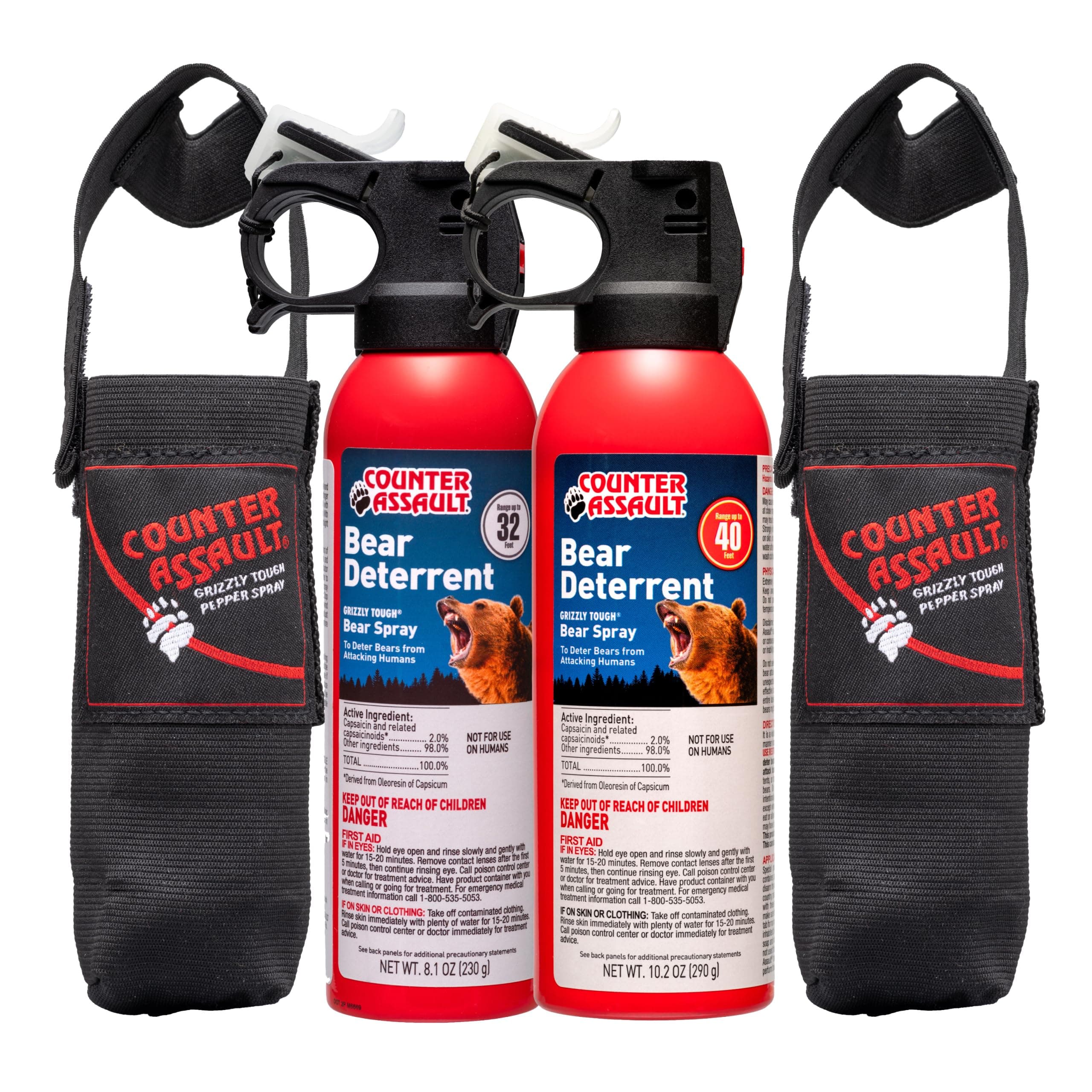 Bear Spray with Holster - Bears, Mountain Lions, Coyotes - Long-Range 32ft/40ft Distance - Pepper Spray Safety Gear for Hiking & Camping Protection - 2% Capsaicin - 8.1 oz & 10.2 oz