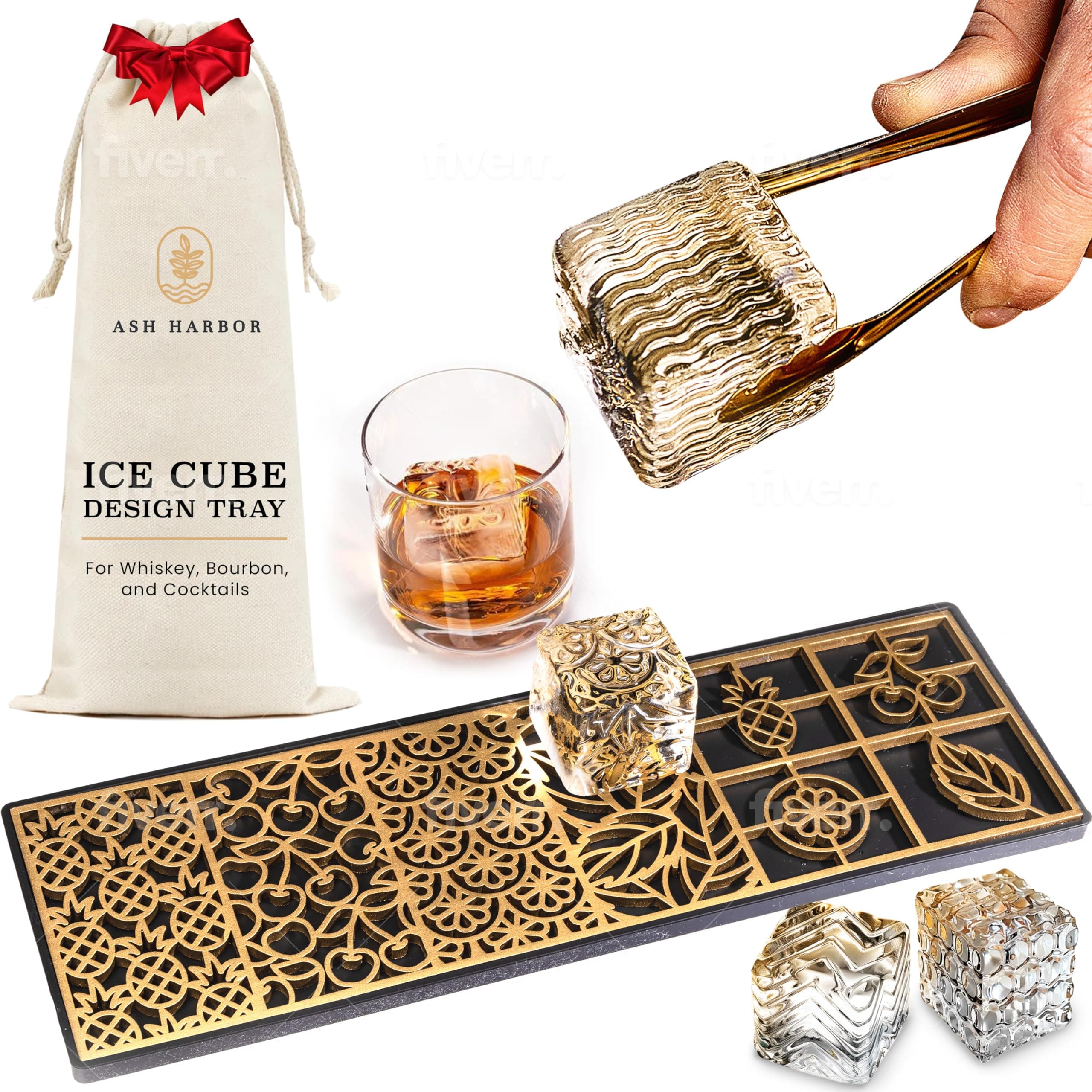 Clear Ice Cube Maker Design Tray - Craft Modern Ice Molds for Bourbon & Cocktails in 5 Seconds - Whiskey Mold Cube Stamp – Bartender Accessories - Copper Ice Press Cocktails by Ash Harbor (Botanicals)