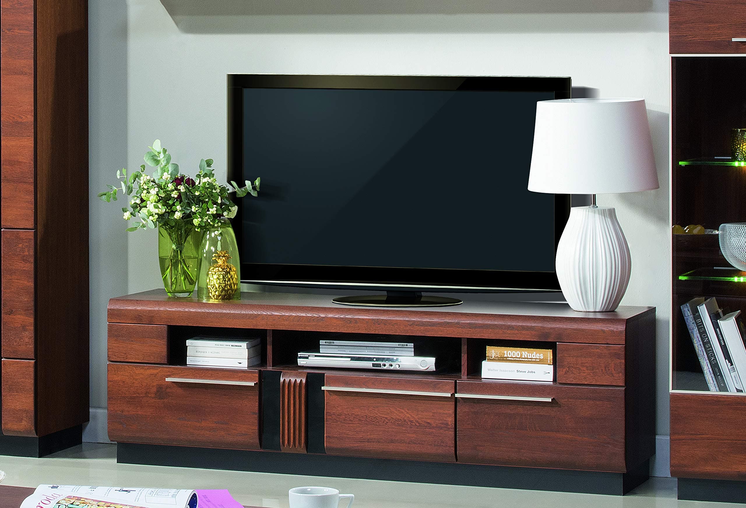 Amazon Brand - Alkove Malvern Solid Wood Front TV Stand with 3-Drawers, 160 x 51 x 42cm, Dark Brown/Black, Oak/Veneer
