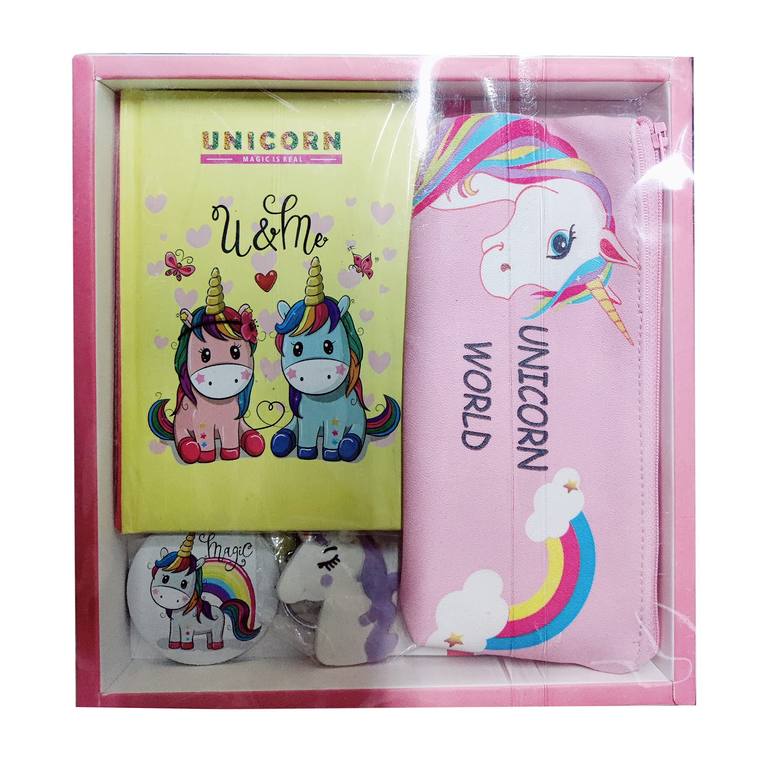 JIADA Unicorn Gift Set Combo - Includes 1 A6 Diary, 1 Keychain,1 Pouch And 1 Badge - Ideal For Birthday, Rakhi And Party Return Gifts