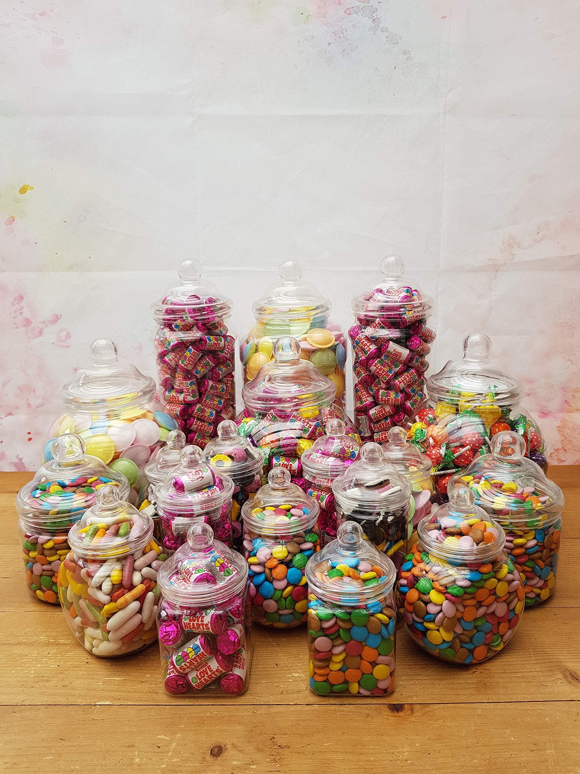 19 Plastic Jar Party Pack - Various Shapes and Sizes with 100 Gold Bags and 1 Scoop