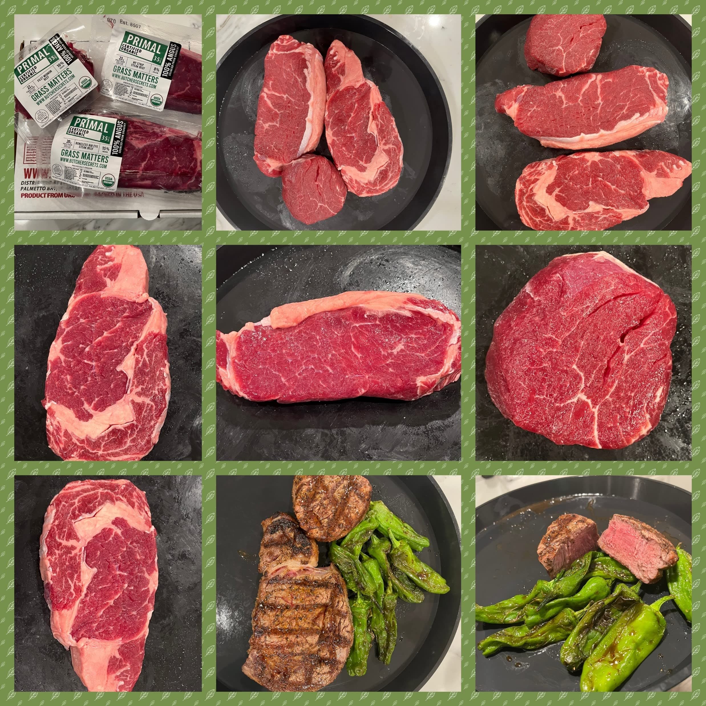 Primal 35 Organic Grassfed Angus Steak Ultimate Combo Pack! 6 Total Cuts: 2-6oz Fillet Mignons, 2-12oz NY Strips, 2-12oz Ribeyes.
