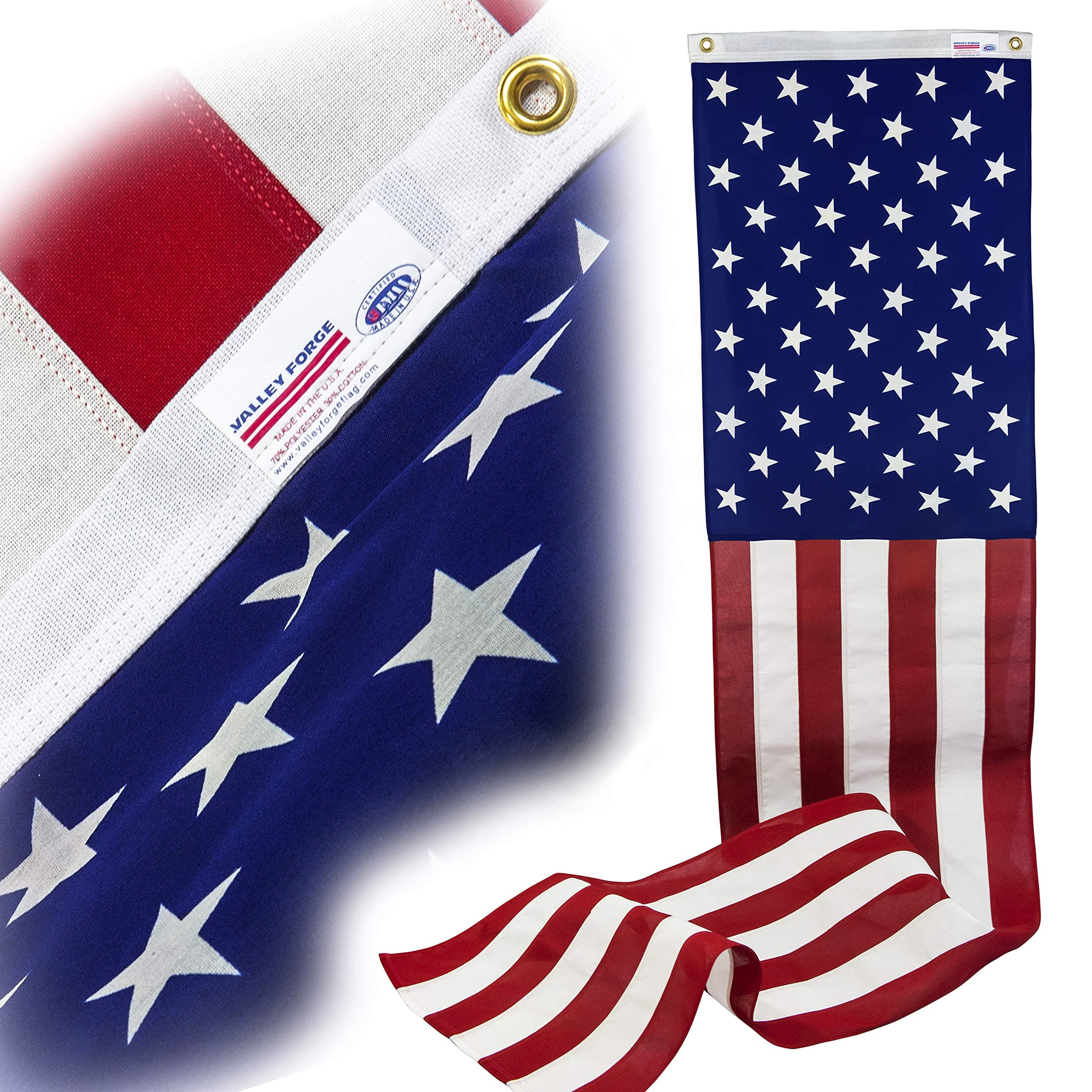 Valley Forge Decorative Banner 20" x 8' Polycotton 100% Made in U.S.A. 50-Star Pull Down Brass Grommets Printed Canton Sewn Stripes Model 08636050