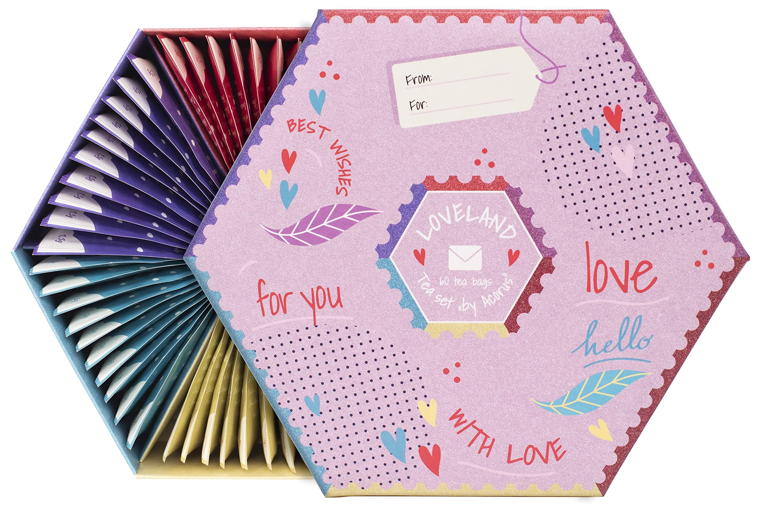 ACORUS | Loveland Tea Set | Natural Assorted Tea Hamper Box | Set of 6 flavors | Surprise your loved ones | Valentines box | Large Selection Box | Tea Gift Sets | 60 Tea Bags