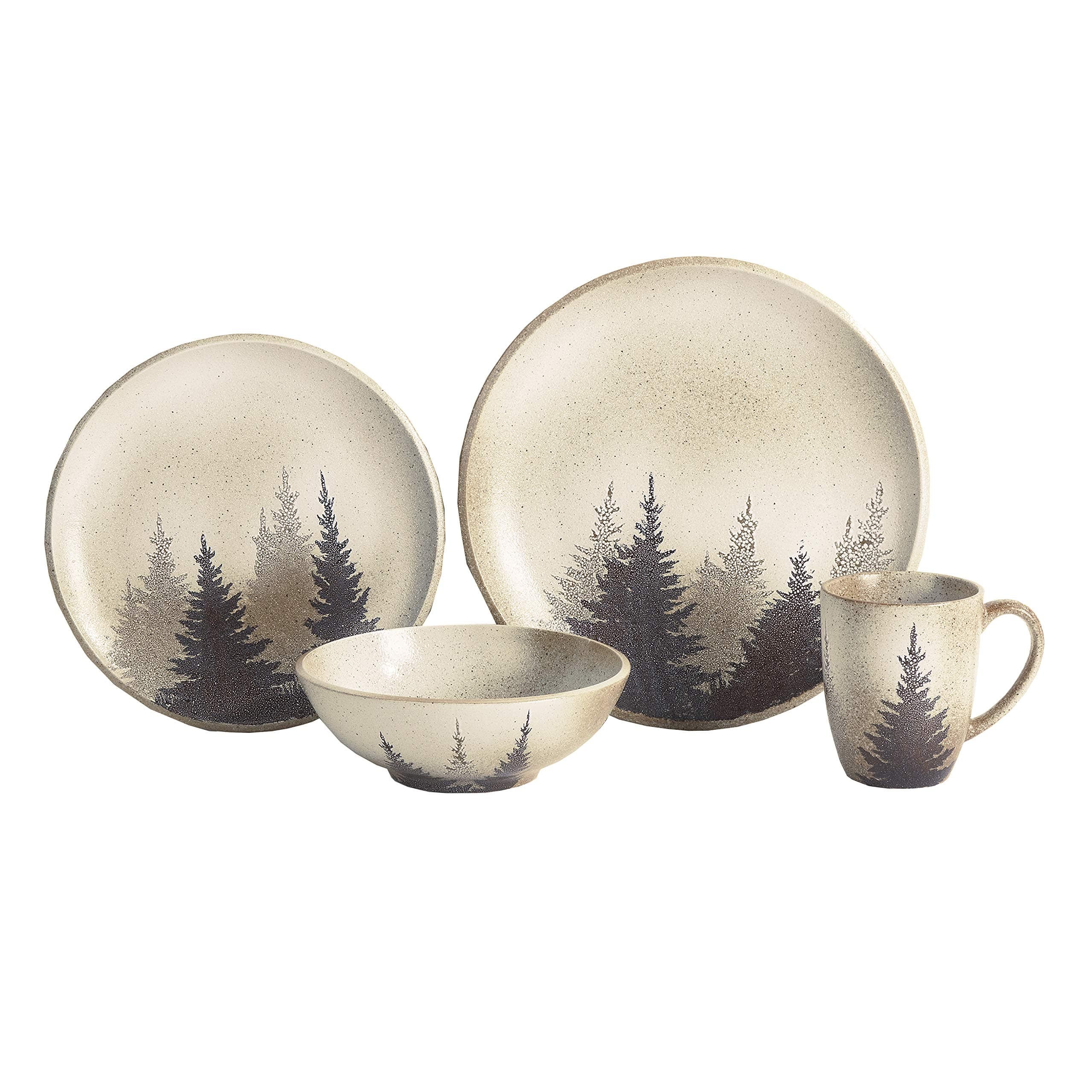 Paseo RoadRustic Dinnerware Set Clearwater Pines Ceramic 16 Piece Forest Pine Tree Theme Dishware Set with Dinner Plates, Bowls, Salad Plates, Coffee Mugs, Log Cabin Dish Set for 4