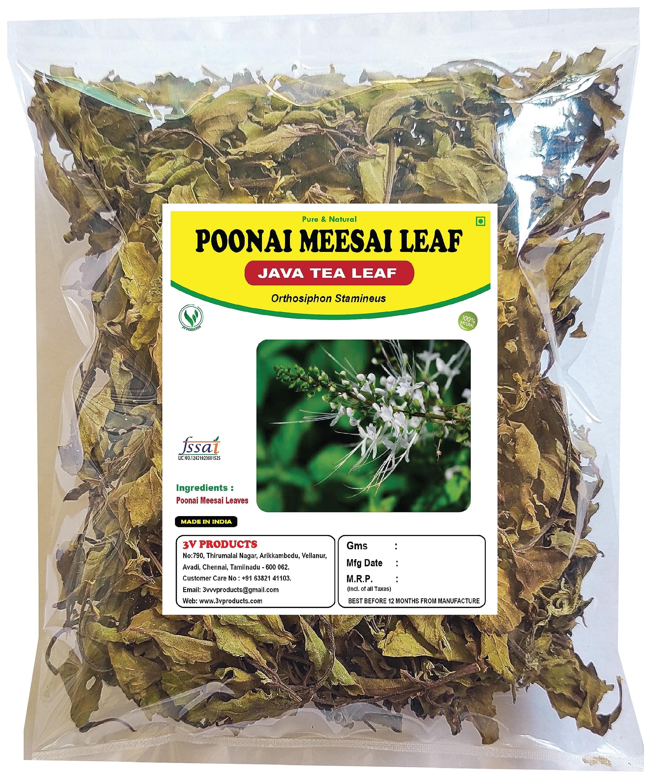 3V PRODUCTS Dried Poonai Meesai 100g | Orthosiphon Stamineus | Java Tea Leaf | Cat Whiskers | Seeraga Thulasi (Dried)