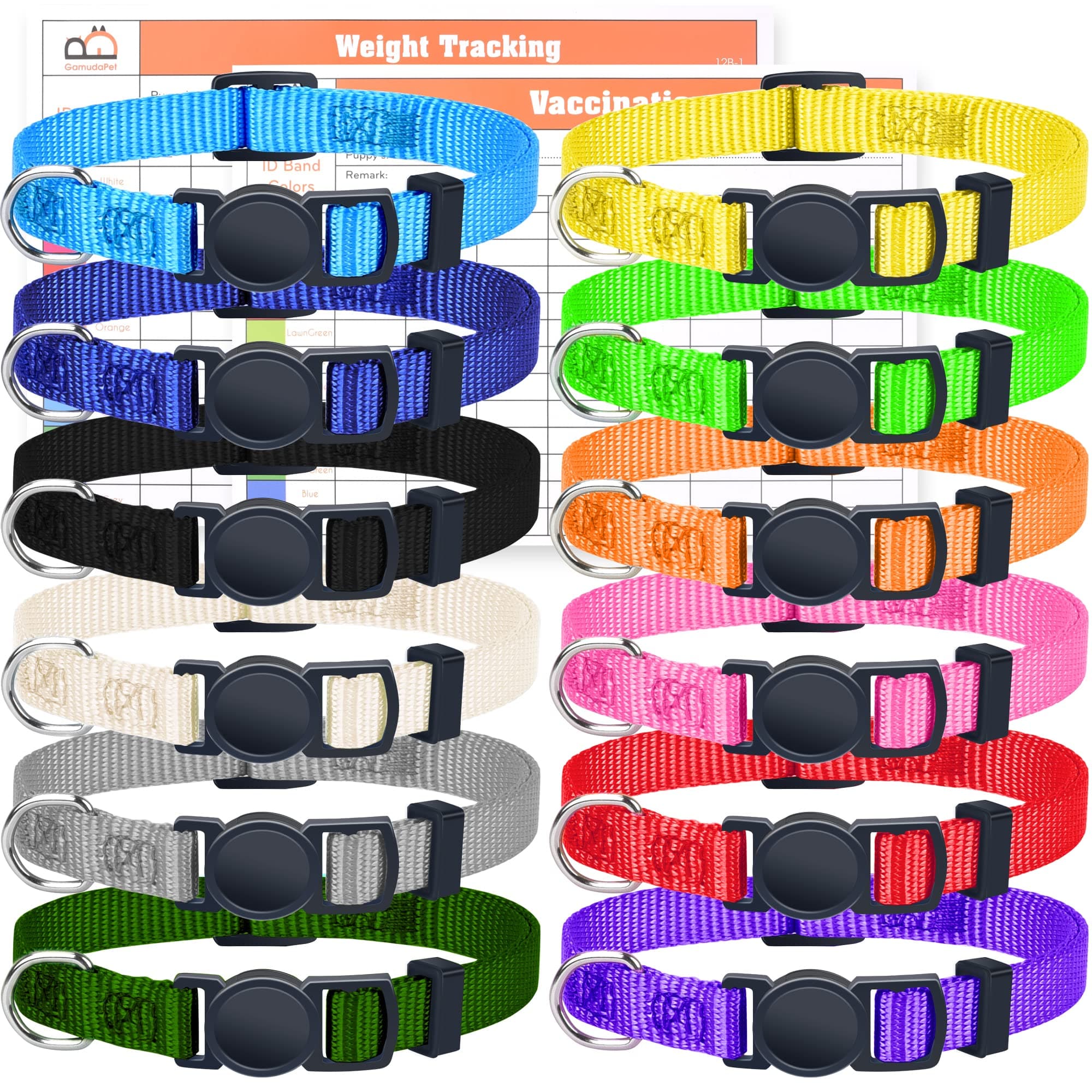 GAMUDA Puppy ID Collars - Super Soft Nylon Whelping Set - Adjustable Breakaway Litter for Pups - Assorted Colors Plain & Identification With 2 Record Keeping Charts - Set of 12 (S)