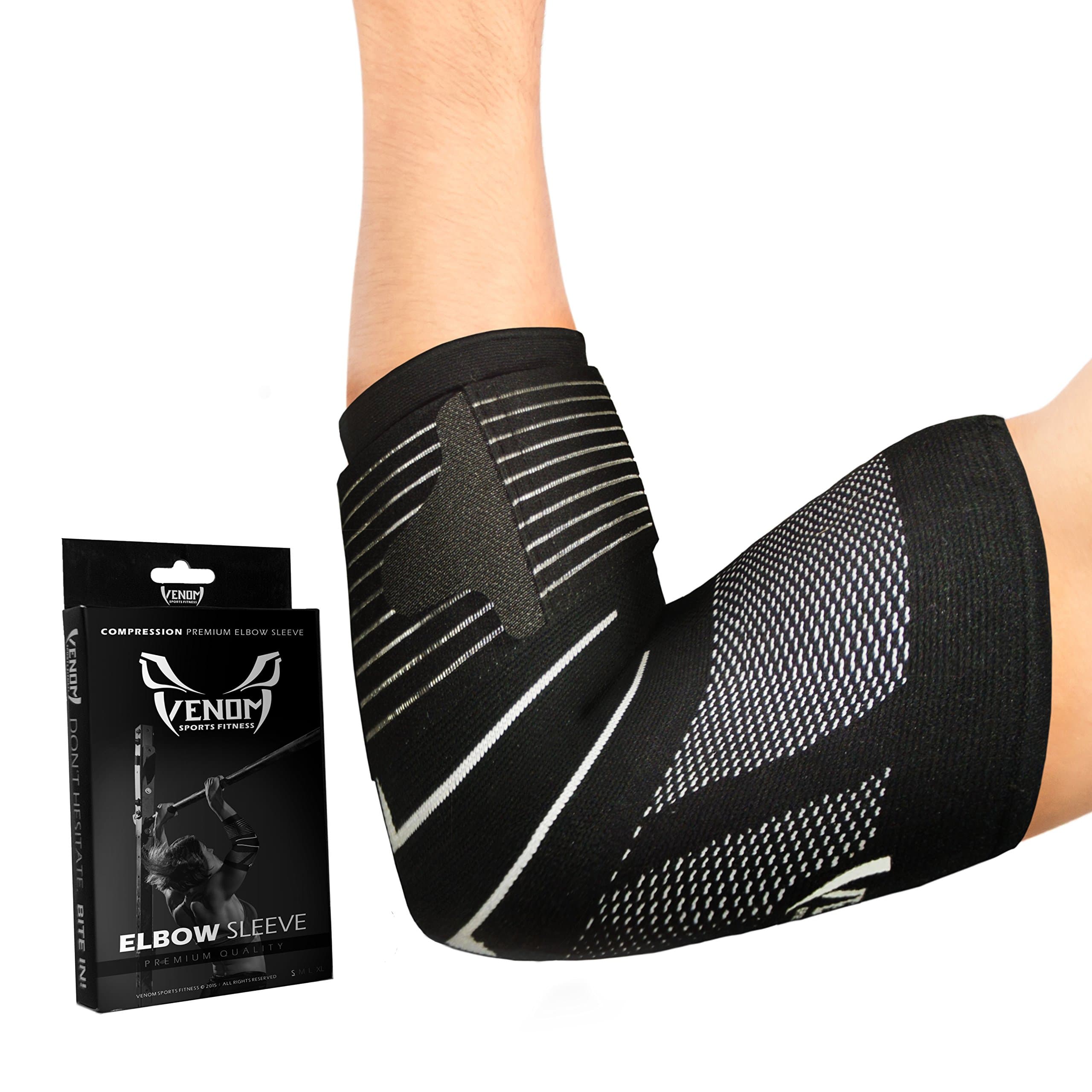 Venom Strapped Elbow Brace Compression Sleeve - Elastic Support, Tendonitis Pain, Tennis Elbow, Golfer's Elbow, Arthritis, Bursitis, Basketball, Baseball, Golf, Lifting, Sports, Men, Women (Medium)