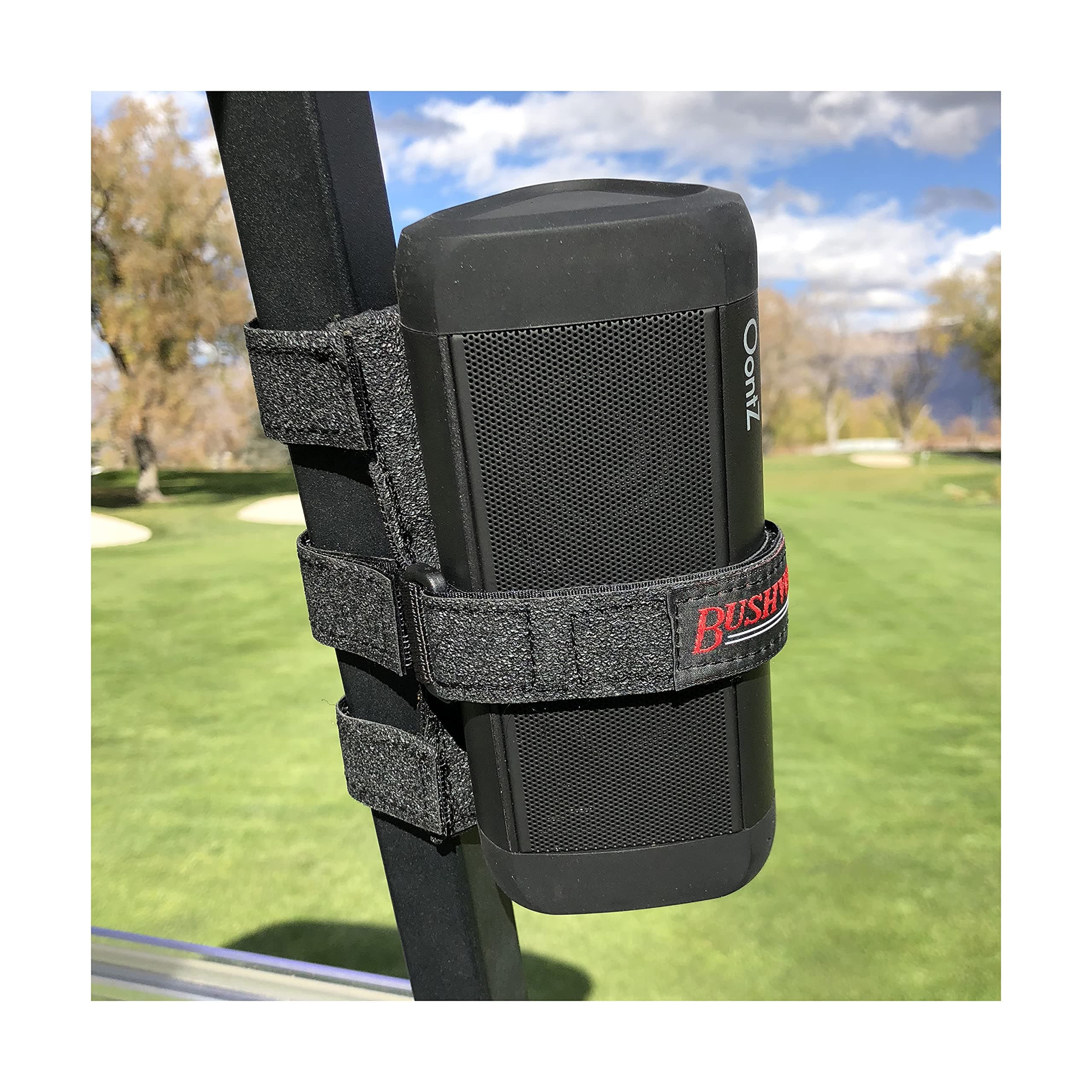 Bushwhacker The Portable Speaker Mount for Golf Cart Railing - Adjustable Strap Fits Most Bluetooth Wireless Speakers Attachment Accessory Holder Bar Rail