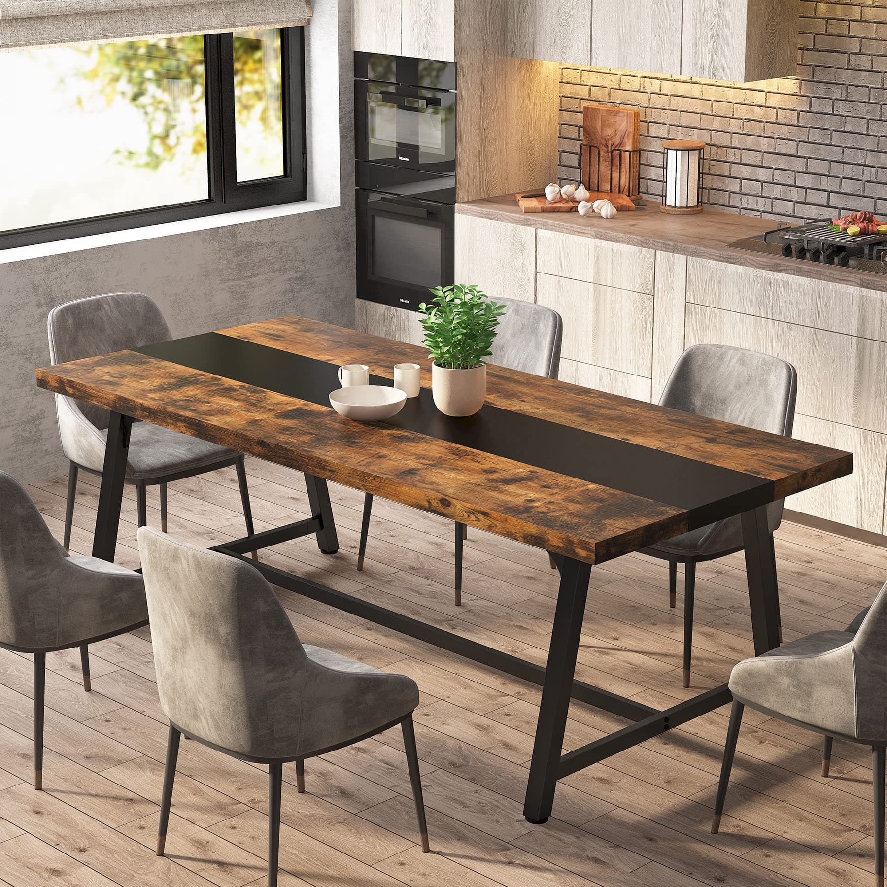 Dining Table for 8 People, 70.87-inch Rectangular Wood Kitchen Table with Strong Metal Frame, Industrial Large Long Dining Room Table for Big Family (Rustic Brown)