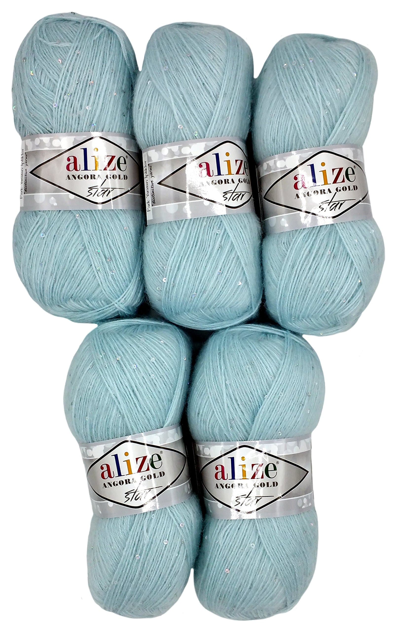 5 x 100g Alize Wool Chunky Mohair and Sequins Light Blue Knit and Crochet No. 514, 500 g