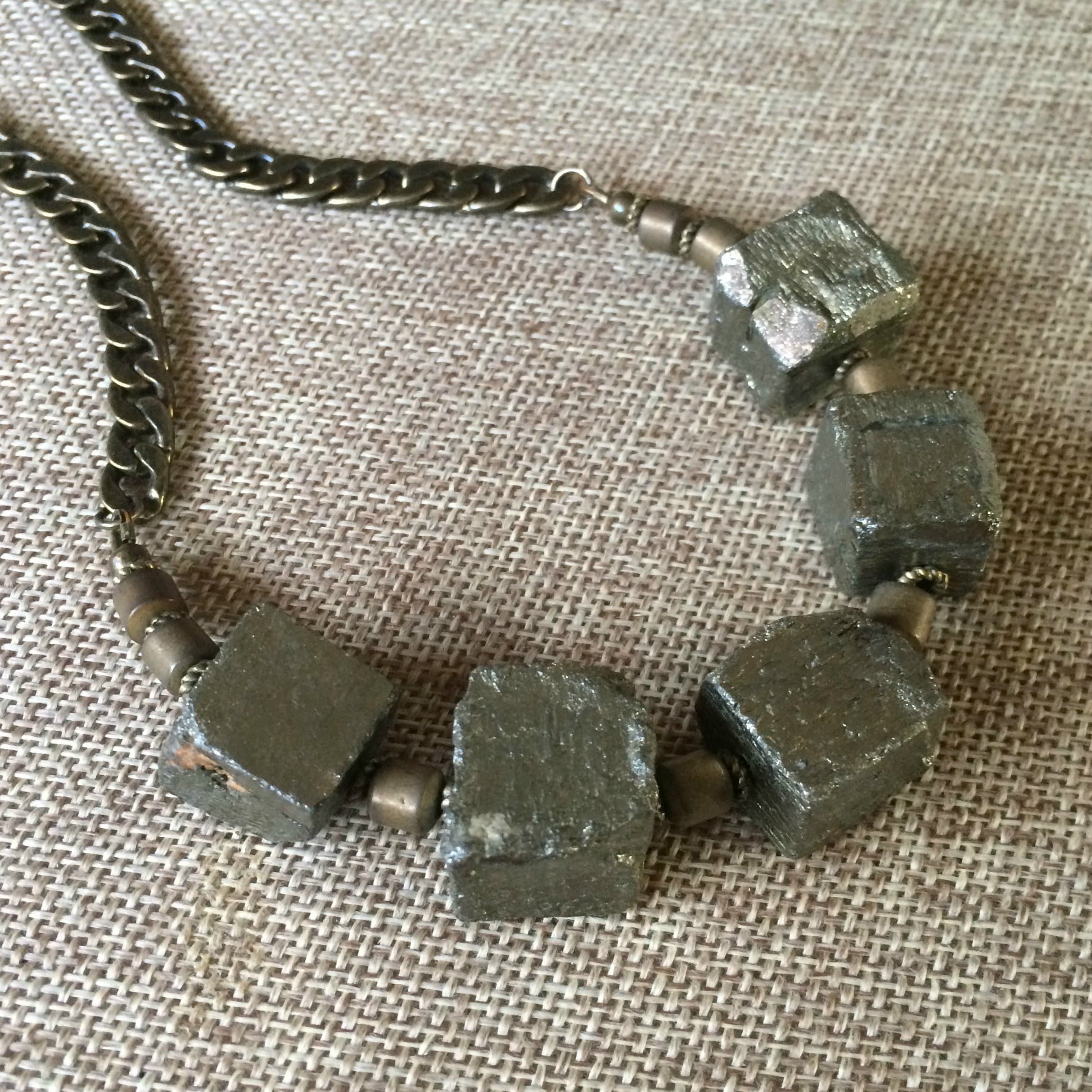 Chunky Pyrite Cube Necklace on Bronze Chain