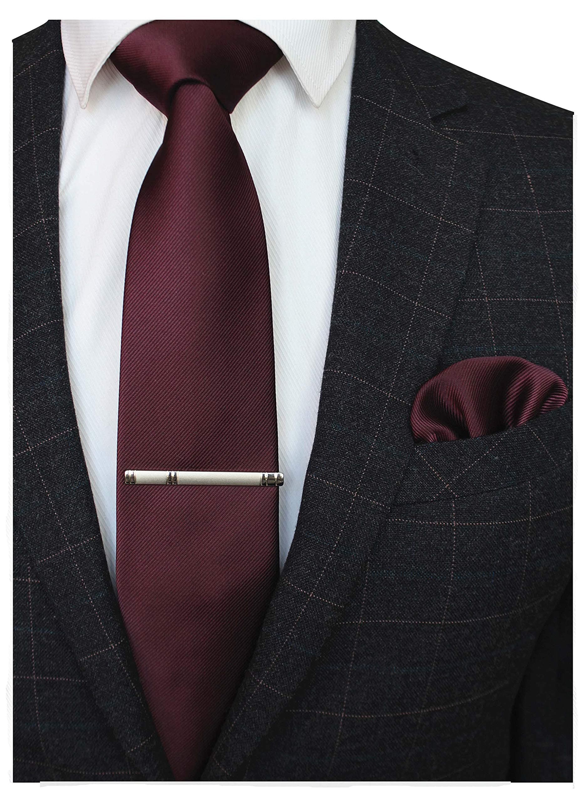 Solid Color Formal Necktie and Pocket Square Tie Clip Sets for Men