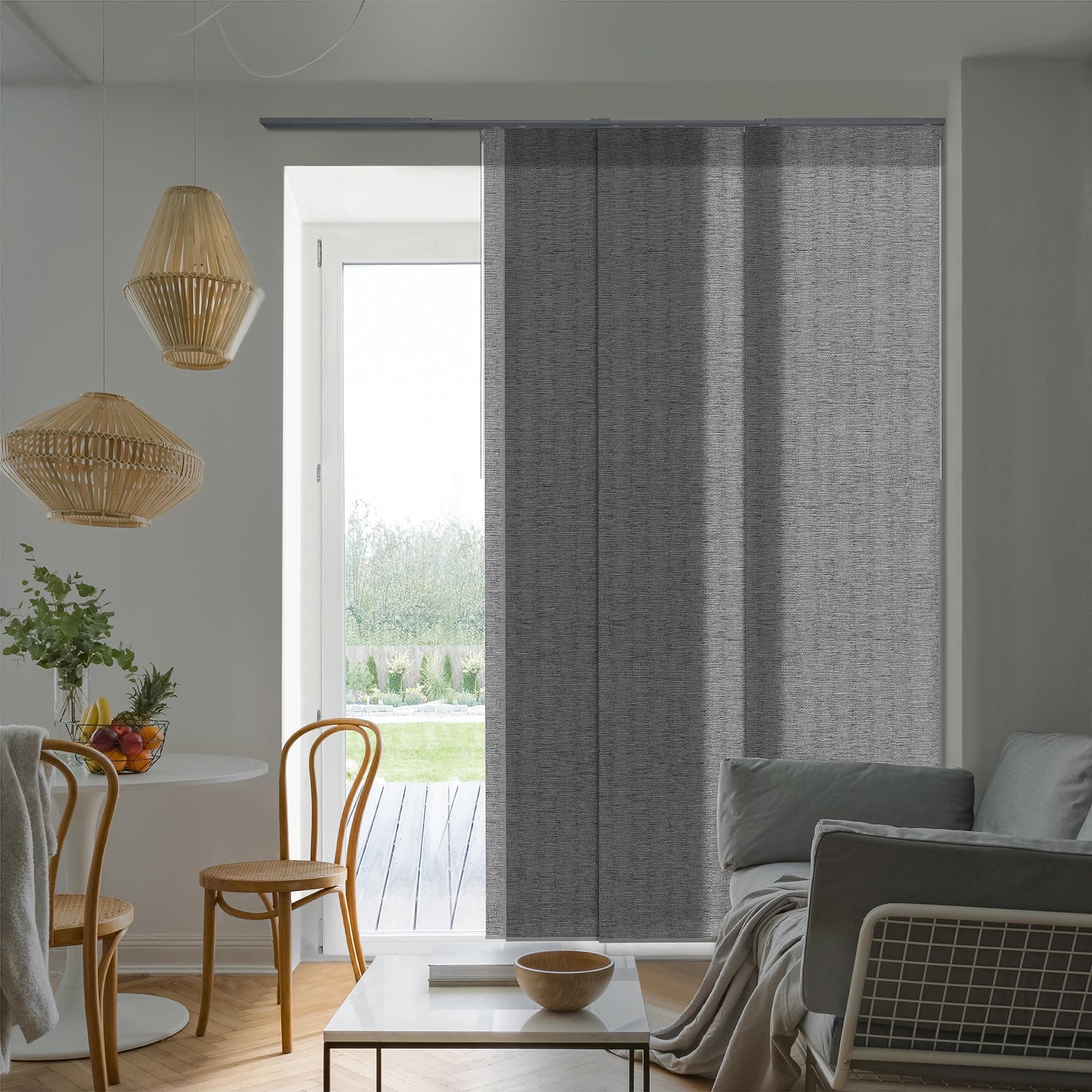 GoDear DesignAdjustable Sliding Vertical Blinds 45.8"- 86" W x 96" H, Extendable Panel Track Blinds for Sliding Glass Doors Patio Doors Windows, Trimmable Woven Fabric Vertical Shades, Munich Castle
