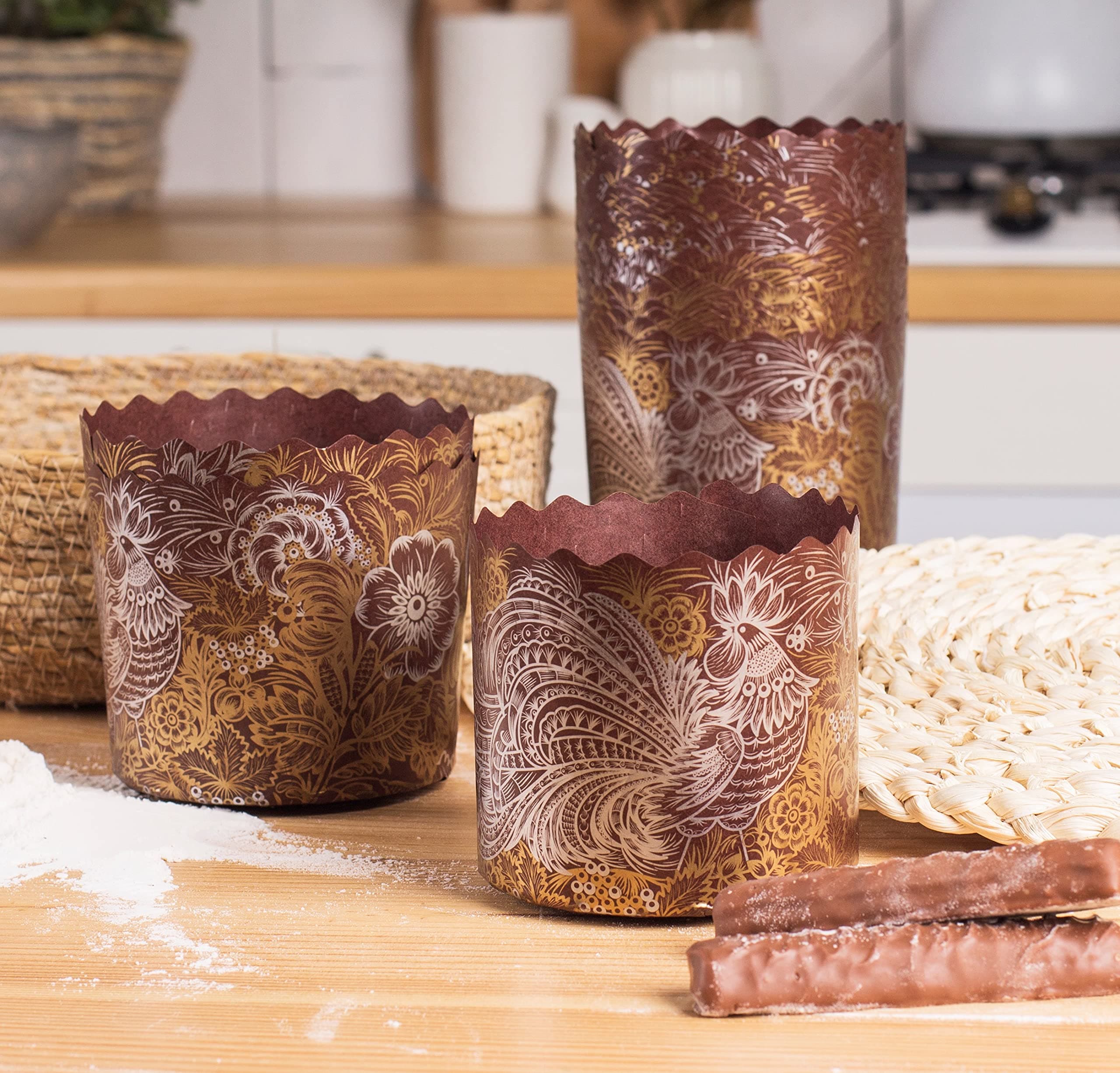 SHSH trade group 8 oz Easter Bread Paper Mold Paska |25 pcs| Kulich Mold Easter Bread Forms - Panettone Paper Mold Kulich Paper Mold - Golden-Bird Brown Design W 3.55 x H 3.35-In