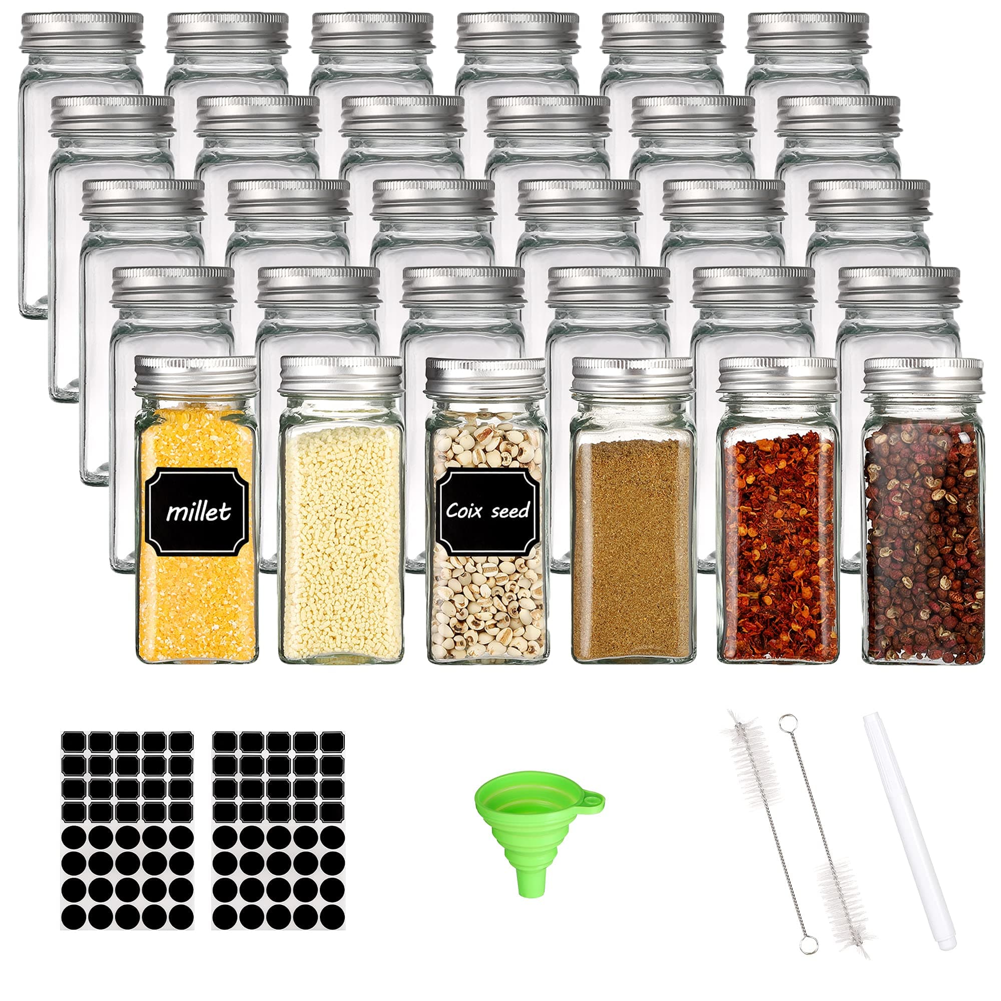 30 Pack 6oz Glass Spice Jars Bottles, Empty Square Containers with Silver Airtight Metal Caps and Pour/Sift Shaker Lid - 30 Black Labels,1 Chalk Marker,1 Silicone Collapsible Funnel,2 Brush Included