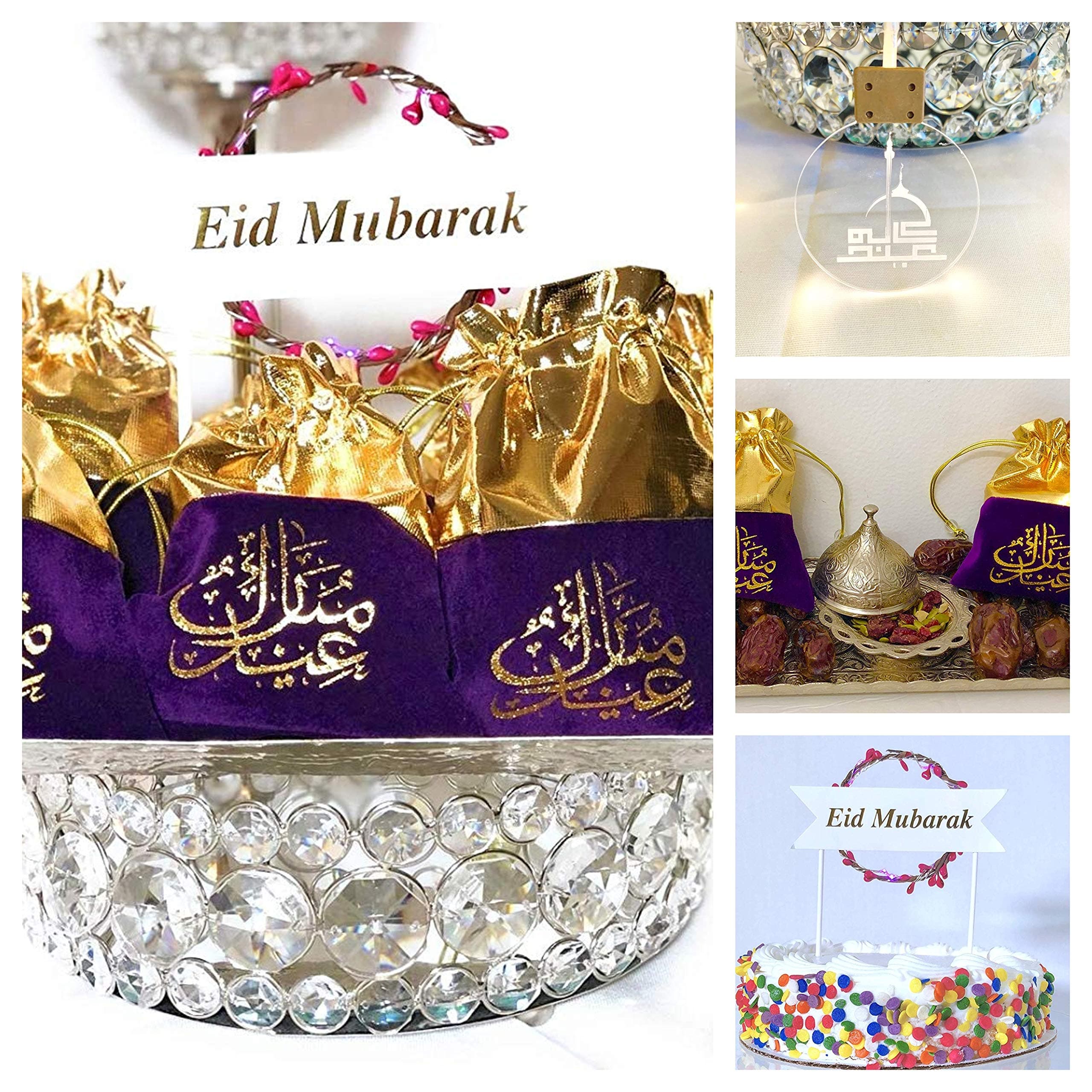 4 Pieces Eid Decoration Kit - Beautiful String of Eid Decoration Lights, 1 Pink Cake Topper & 2 Purple Eid Goodie Bags - Perfect for Parties & Eid Celebrations (Circle Shaped)