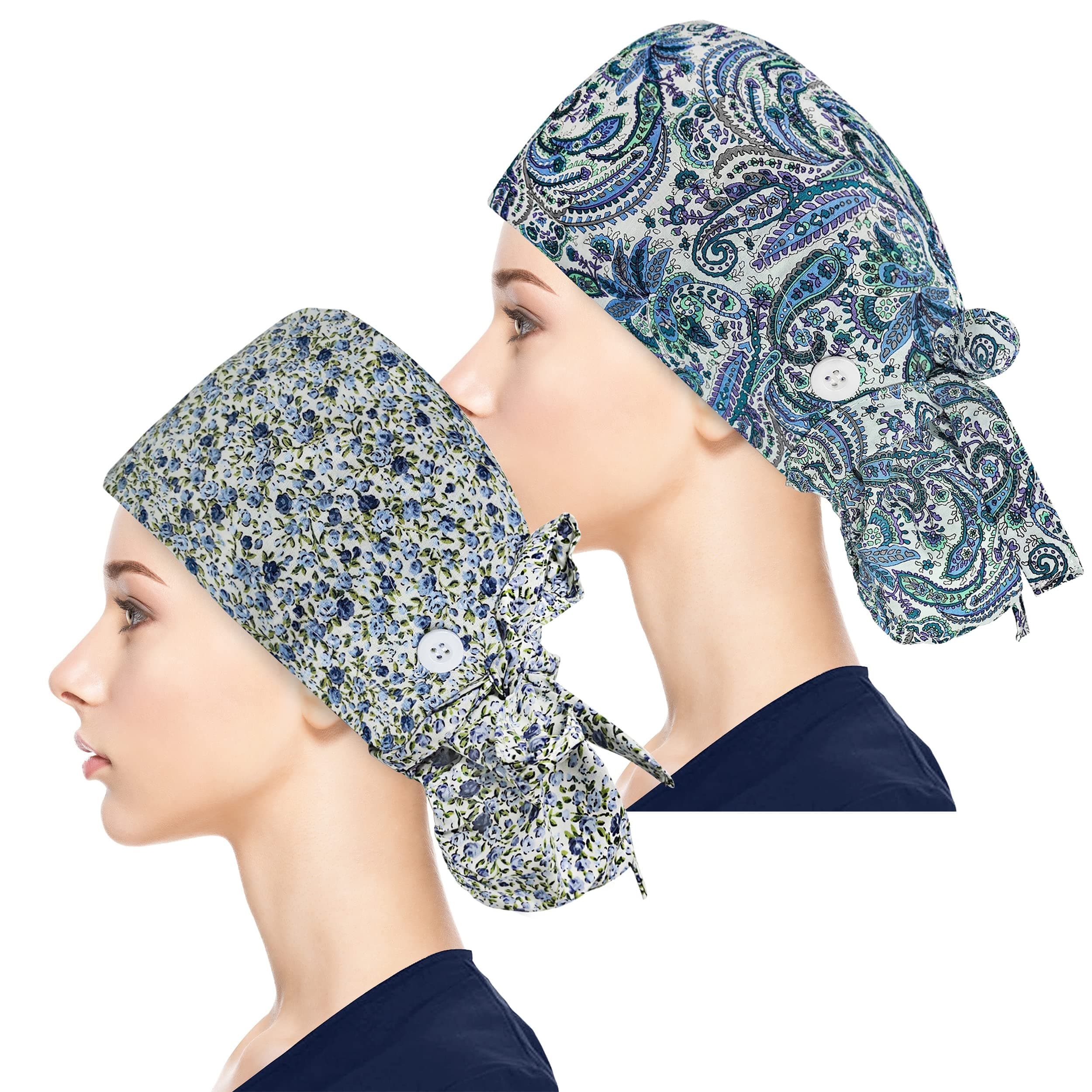 Fesciory 2 Pack Adjustable Working Caps with Button & Sweatband, Women Ponytail Pouch Hats, Long Hair - - Large