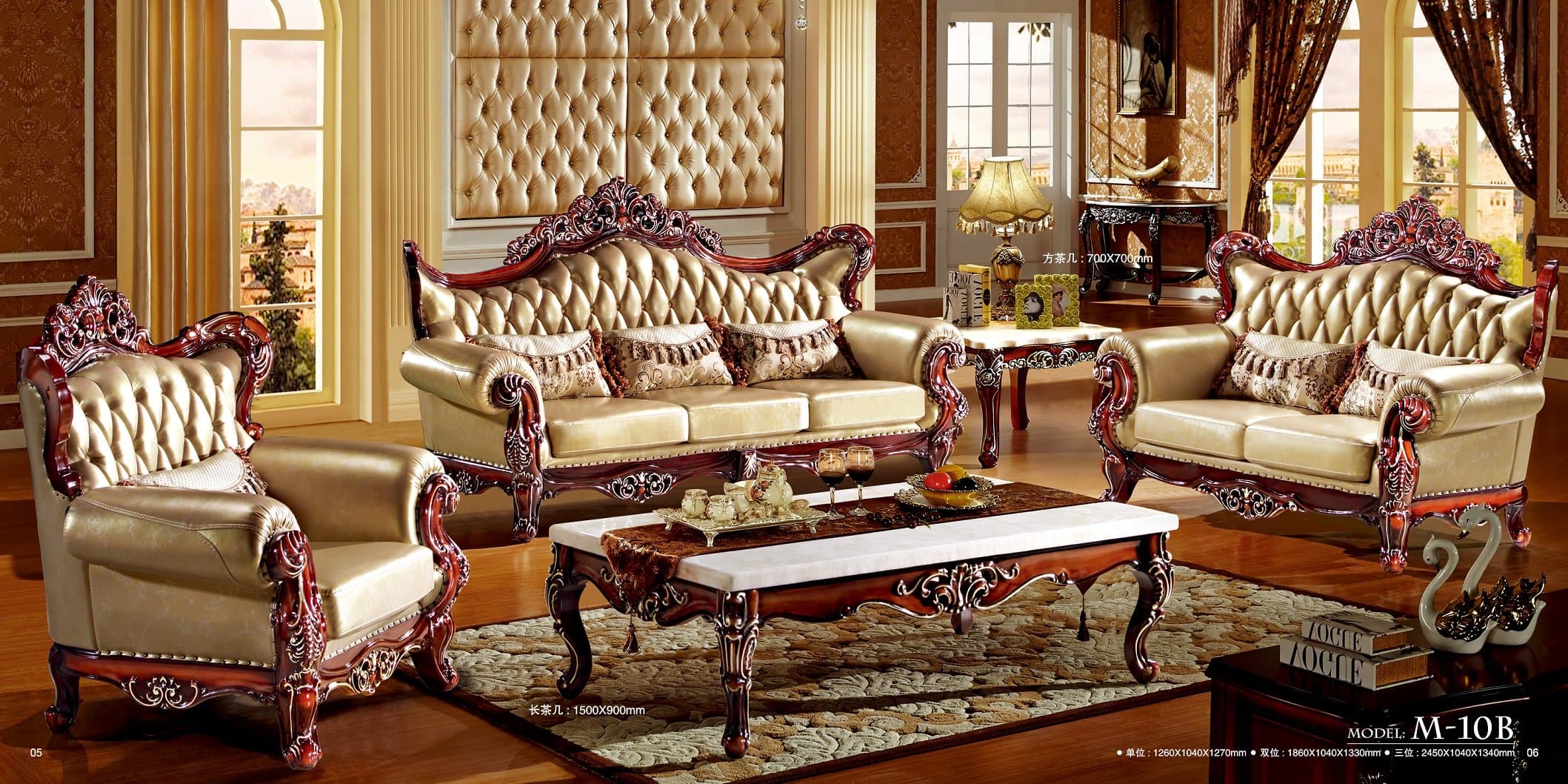 Ma Xiaoying Solid Wood Frame Carved by Hands, Leather and Luxury Classical Sofa Sets,Collection 3pc Living Room Set: Chair,Loveseat and Sofa , light Brown by Ma Xiaoying