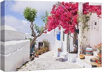 wall26 Canvas Print Wall Art Santorini Greece Pink Flowers Nature Wilderness Photography Realism Landscape Scenic Bohemian Rustic Countryside Cityscape for Living Room, Bedroom, Office - 16"x24"