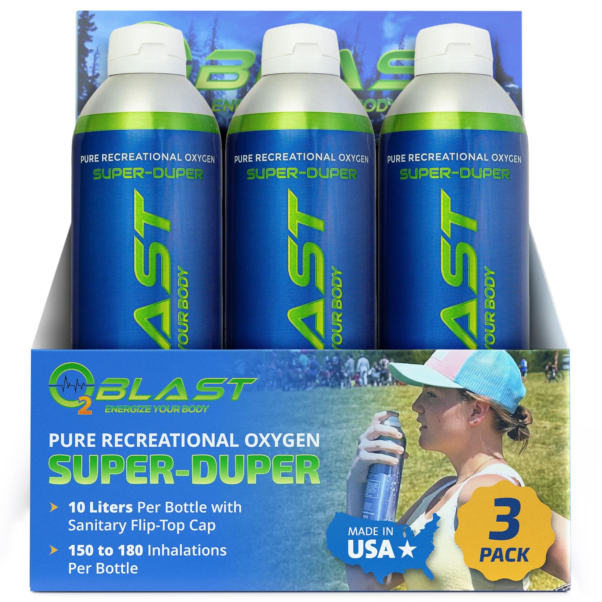 O2 Blast - Pure Oxygen Supplement - Filled with 99.99% Pure Oxygen to Support Fast Recovery, Increase Stamina & Enhanced Focus for High Altitude & Action Sports, 10L Portable Can Flip-Top Cap, 3-Pack