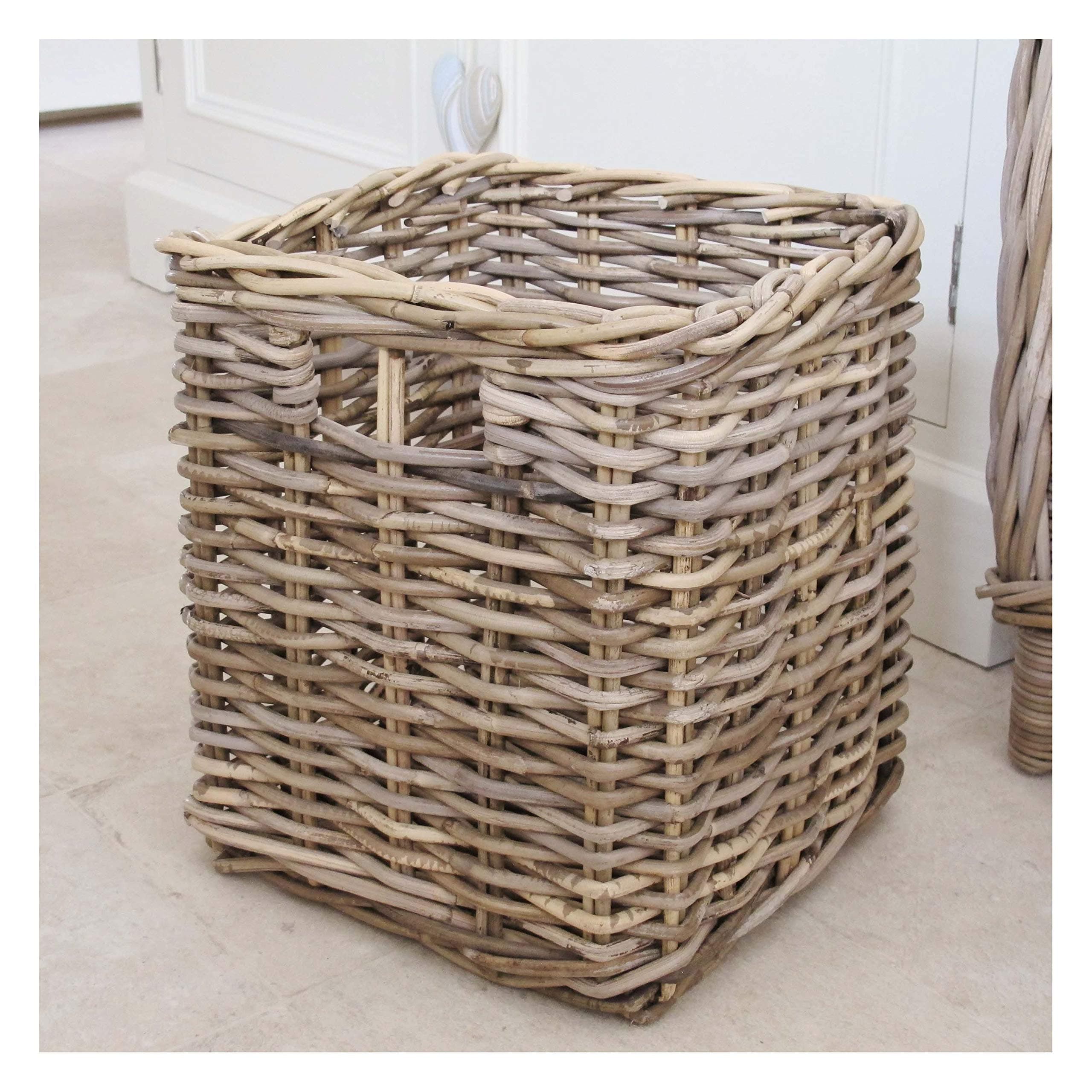 Wicker Storage Basket Bin Square Grey and Buff Rattan
