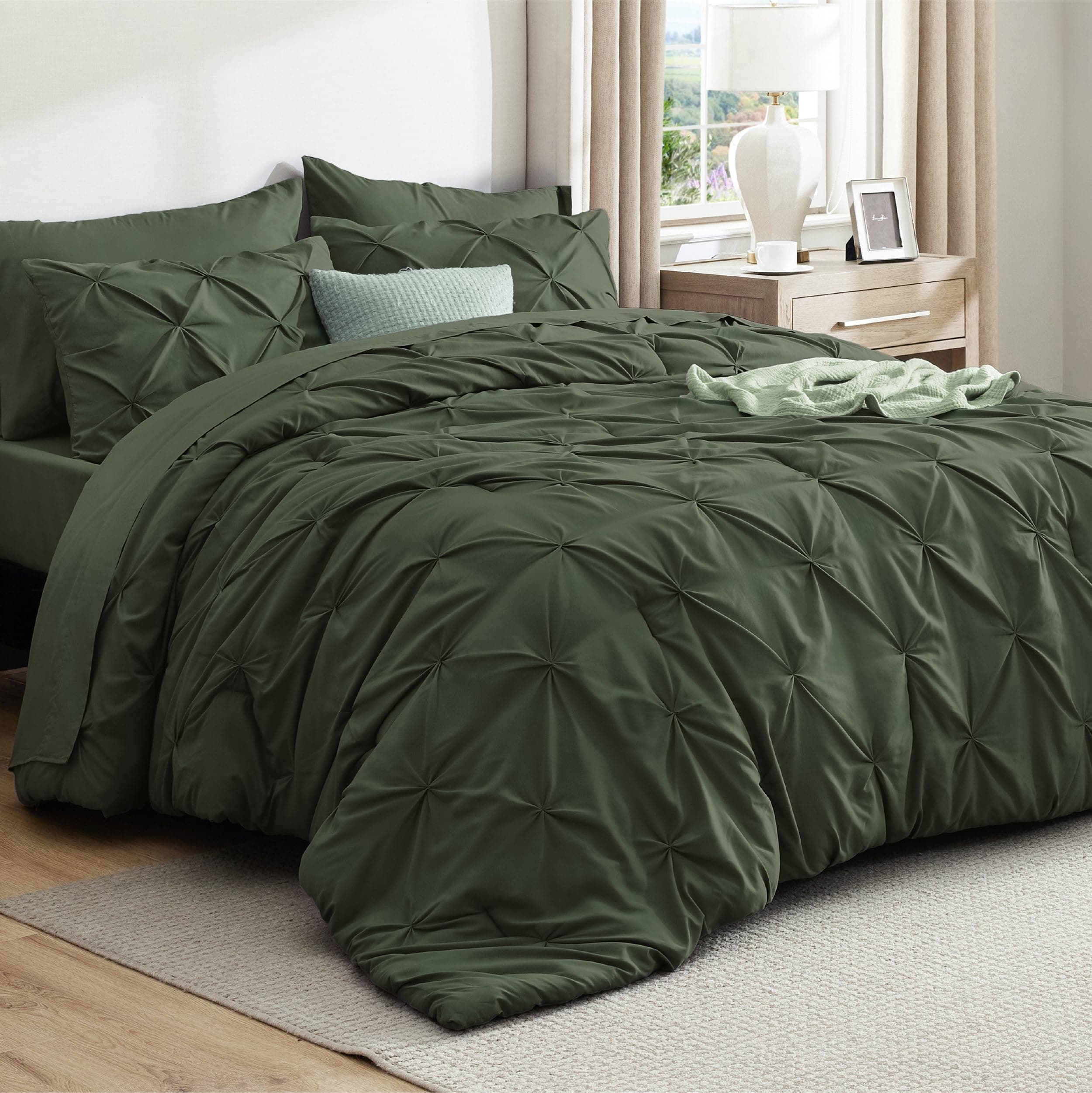 Full Comforter Set Olive Green - Bed in a Bag Full Size Bedding Set 7 Pieces, GentleSoft™ Pintuck Bed Set Gift for Family, Pinch Pleat All Season Comforter with Sheets, Pillowcases & Shams