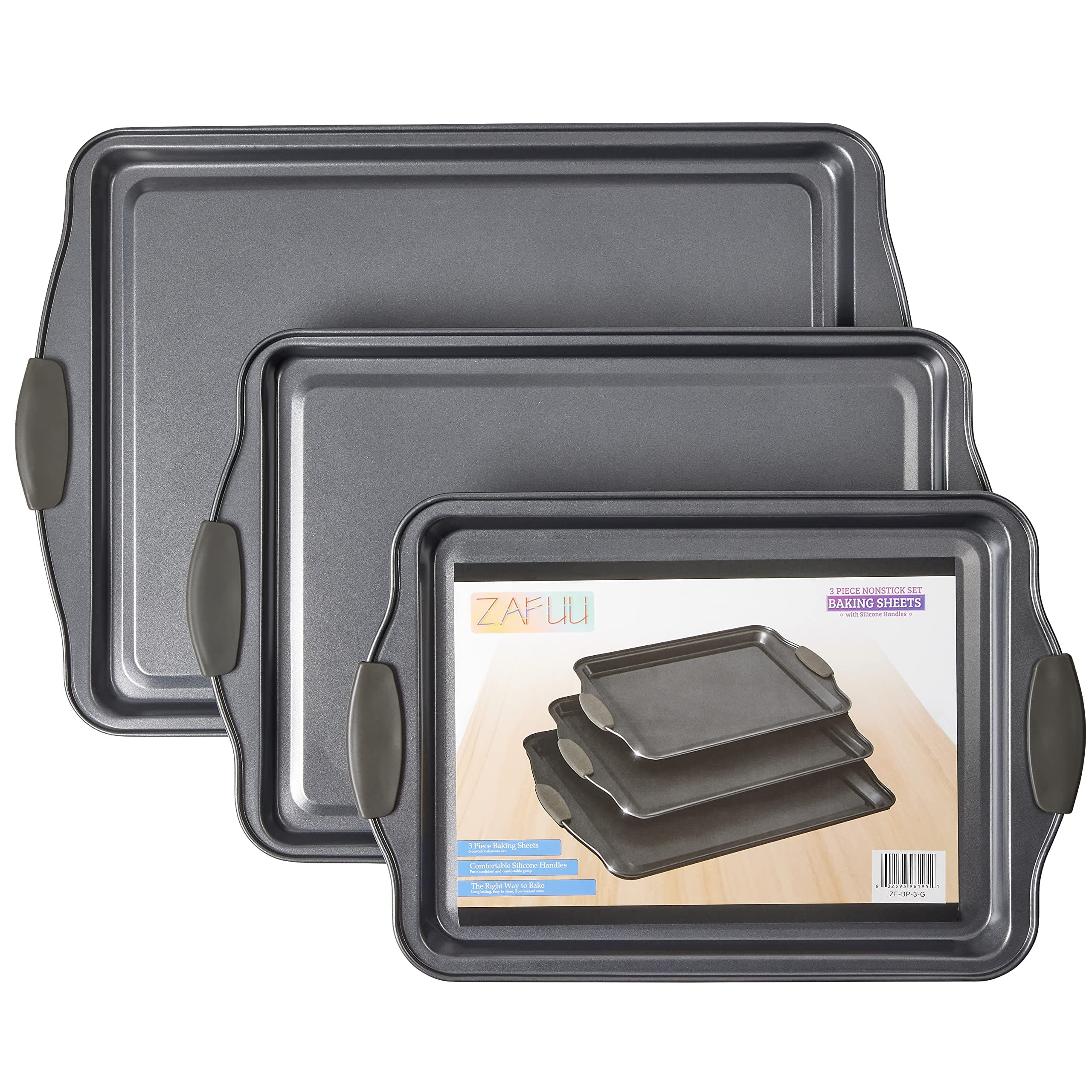 Non-Stick Baking Sheet Set 3 Pcs for Cookies & More, Heavy-Duty Aluminum Baking Sheets with Gray Silicone Handles