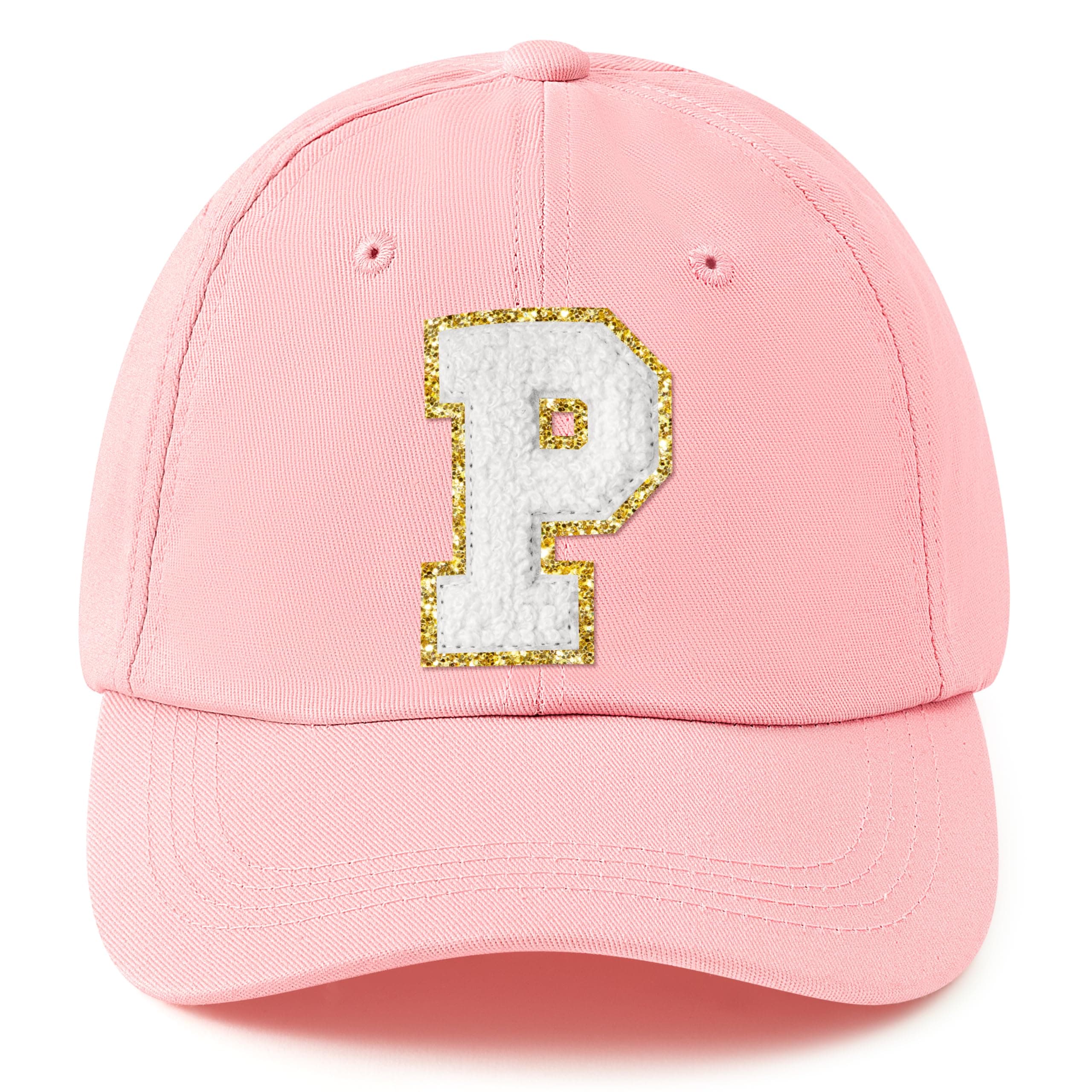 B1ykin Women's Baseball Cap Adjustable White Chenille Letter Patch Pink Hat, Classic Sports Washed Cotton Hat for Girls Women