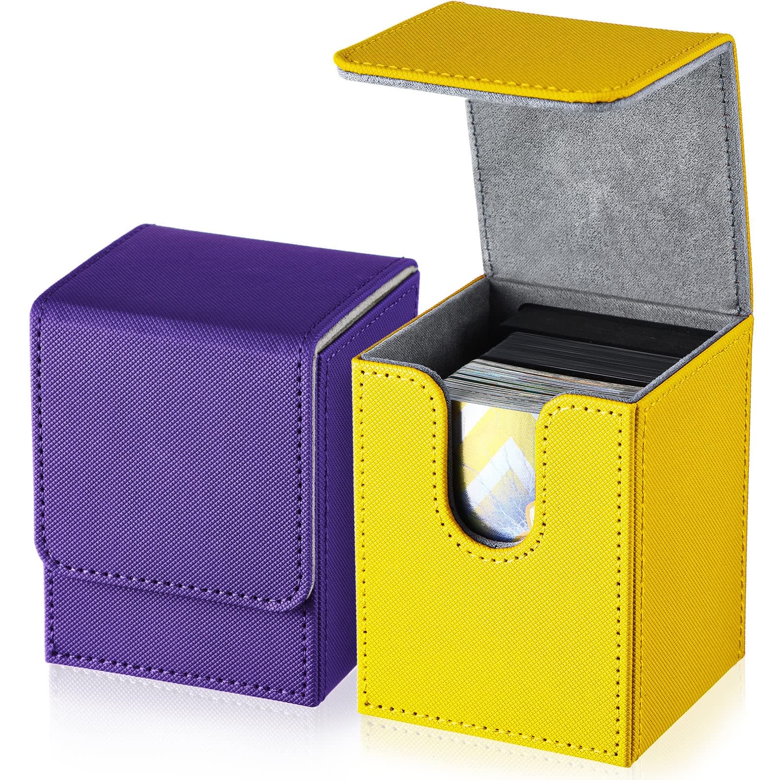 Weewooday 2 Boxes Leather Deck Card Boxes Large Size Fit 100 Plus Sleeved Cards Deck Game for Collectible Playing Compatible with Mtg Tcg(Vertical,Yellow, Purple)