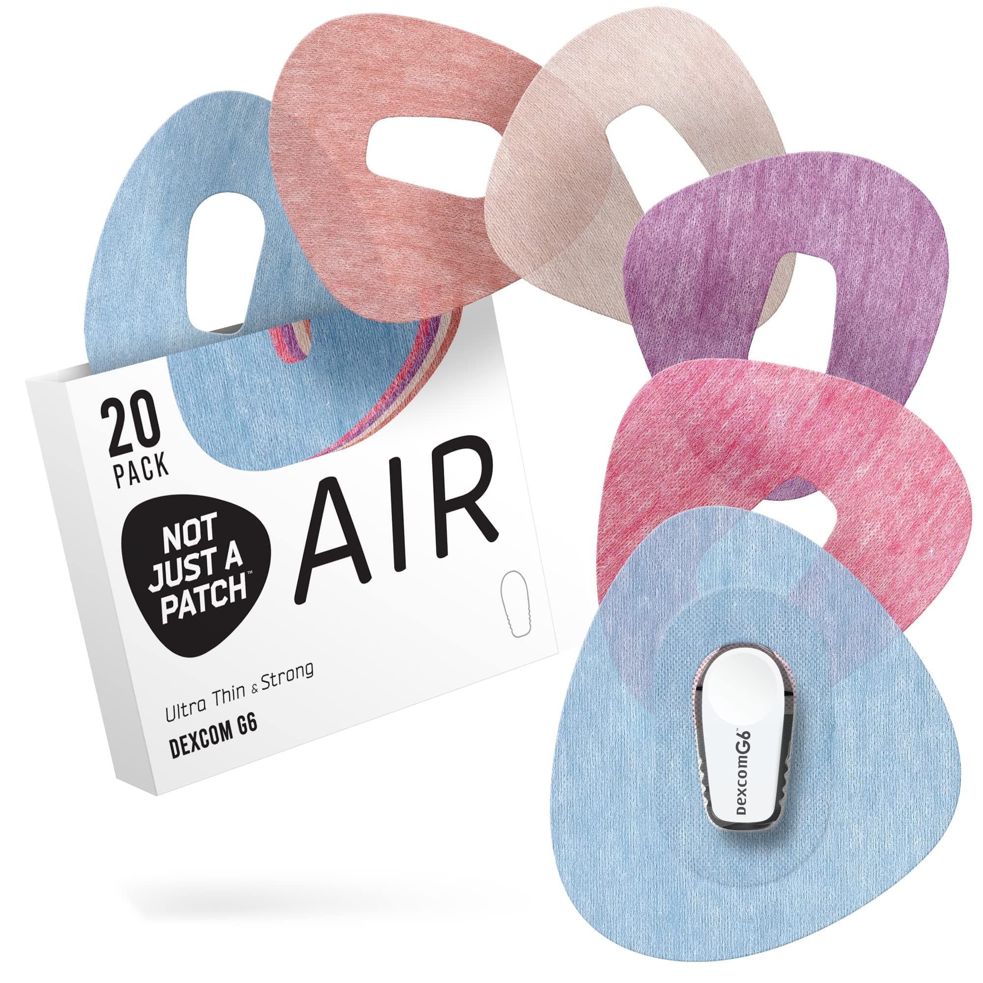 Not Just A Patch Air (20 Pack) - CGM Dexcom G6 Adhesive Patches with Hole -Thin, Strong and Light, 14 Day Adhesion, Durable Skin Grip Dexcom Patches G6 Sensor Protectors in Multicolor