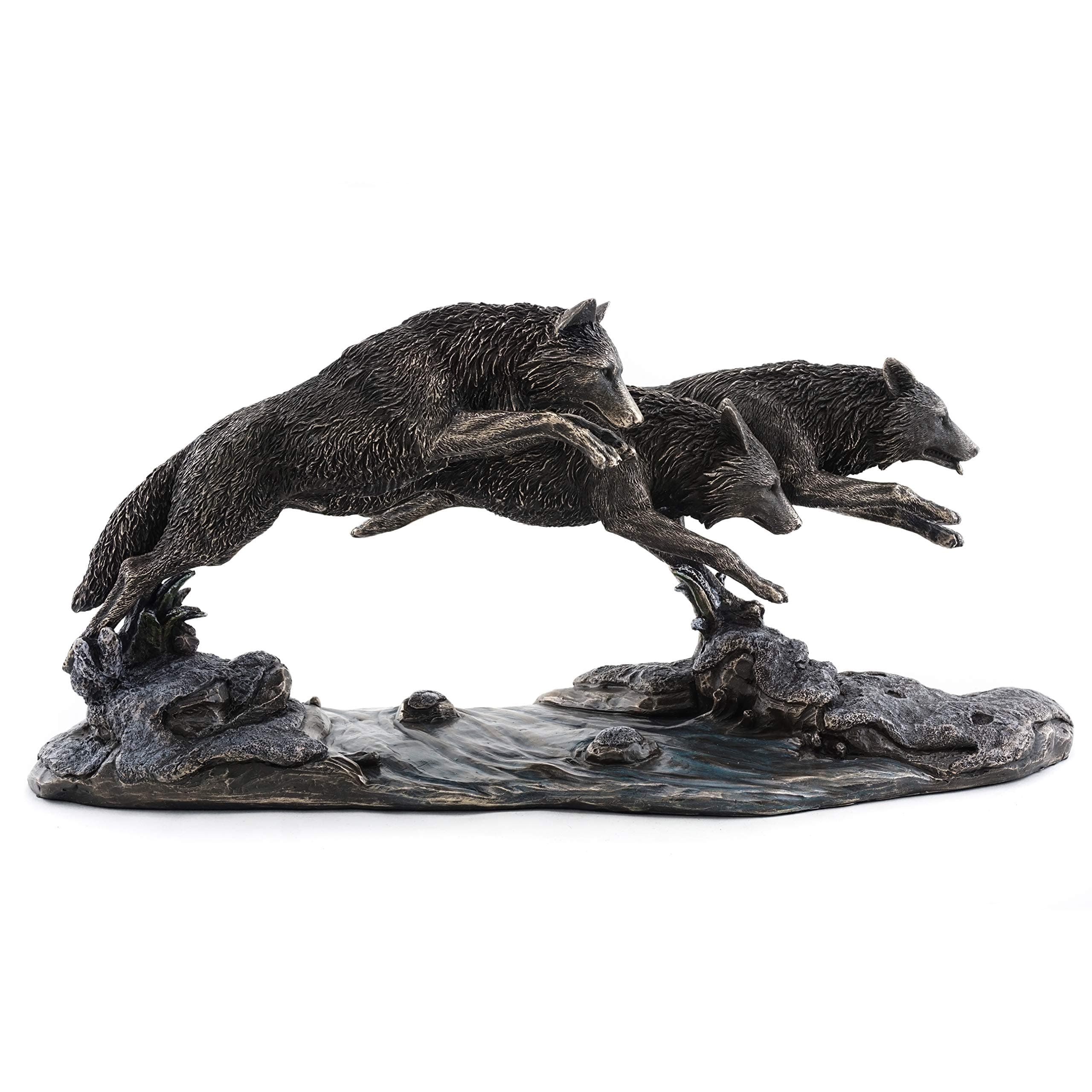 Top Collection Grey Wolves on The Run Replica Statue- Wolf Sculpture Designed by Jody Bergsma in Premium Cold Cast Bronze - 14-Inch Long Collectible Canine Dog Wild Life Animal Figurine
