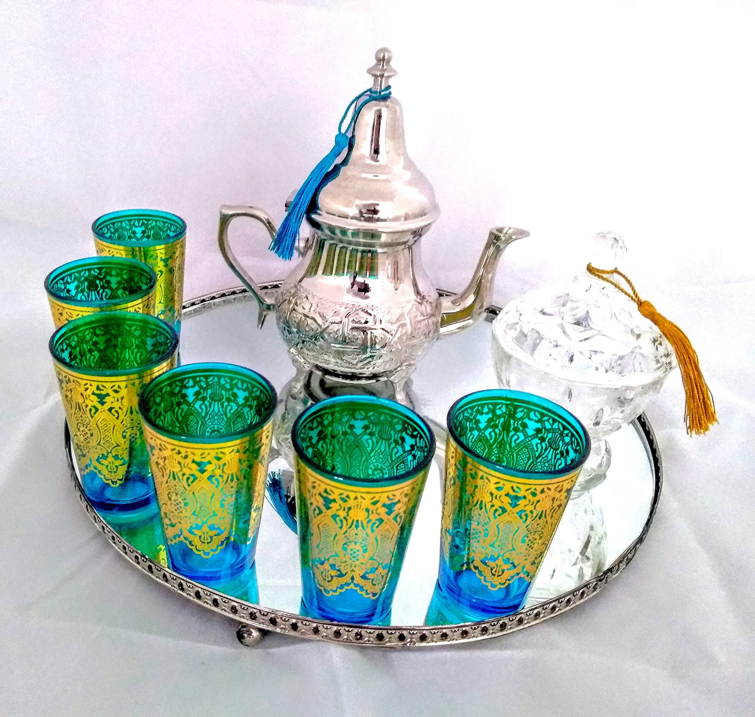 Mystery Souk Complete Moroccan Tea Set with 6 Glasses, One Plate and One Typical Moroccan Teapot with Sugar Bowl or Candy Jar.