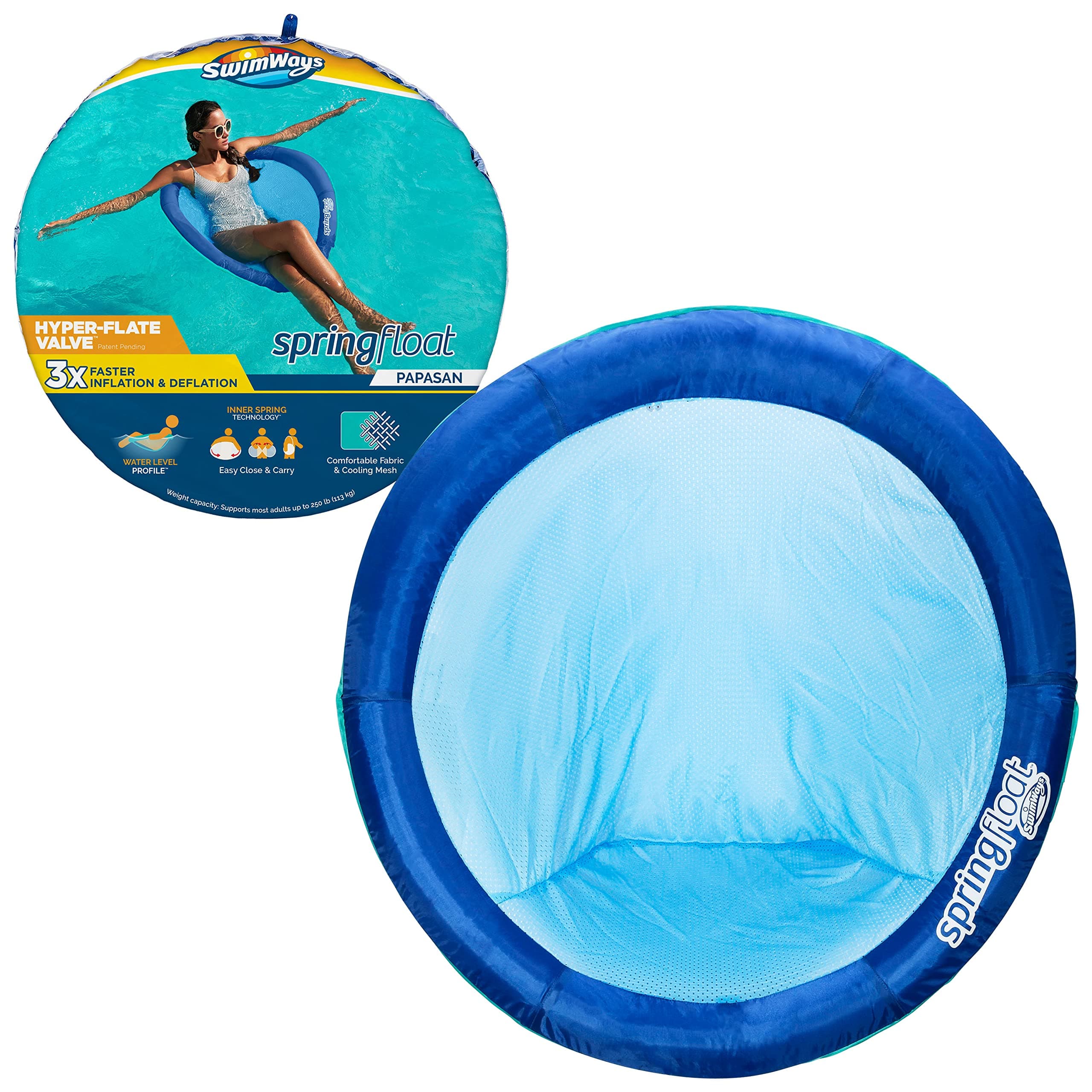 Spring Float Papasan Pool Lounger for Swimming Pool, Inflatable Pool Floats Adult with Fast Inflation for Ages 15 & Up, Blue